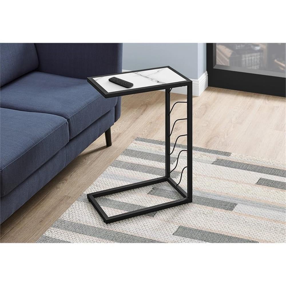 Monarch Specialties Accent Table C-Shaped End Side Snack Living Room Bedroom Metal Laminate White Marble Look Black Contemporary Modern