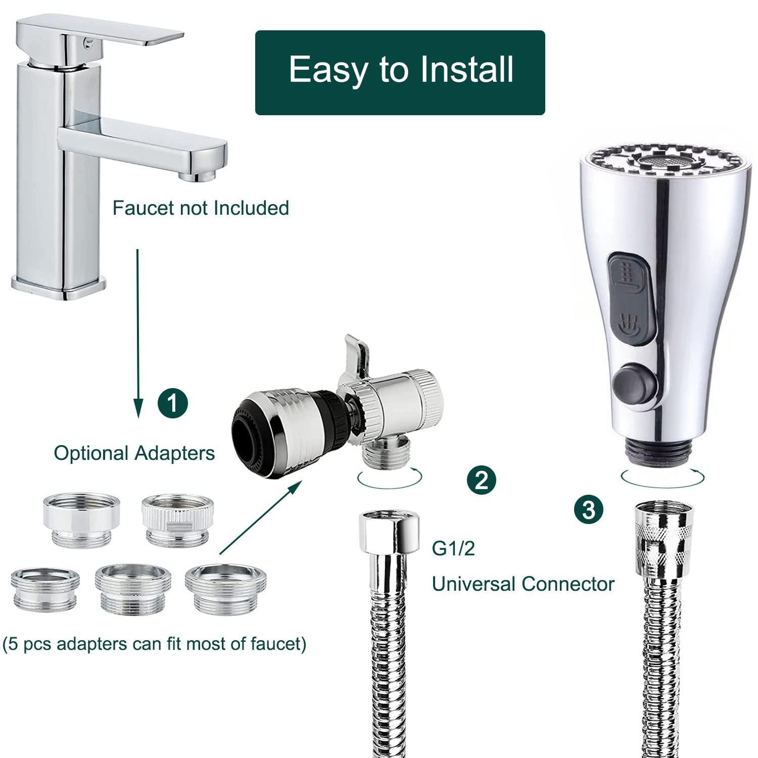 Kitchen Faucet Sink Sprayer Attachment Set,3 Modes Sink Sprayer Replacement Head with Stainless Steel Hose,Faucet Aerator and Brass Diverter Valve (5 pcs Adapter) for Washing Fruit,Dishes and Hair1