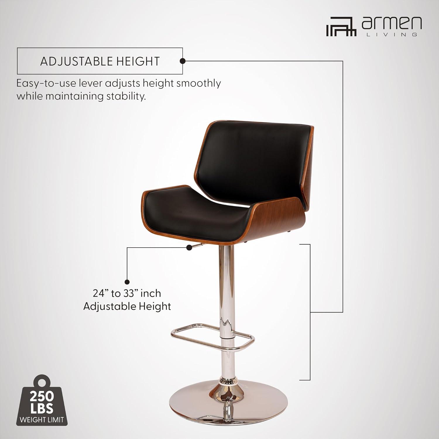 London Swivel Barstool Black/Walnut - Armen Living: Chrome Metal, Adjustable, Faux Leather