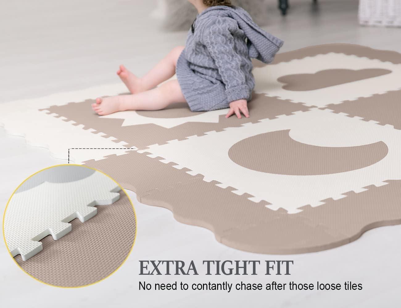 CHILDLIKE BEHAVIOR Baby Play Mat Tiles - Non Toxic Foam Floor Mat for Playroom & Nursery, 61"x61" X-Large, Biege