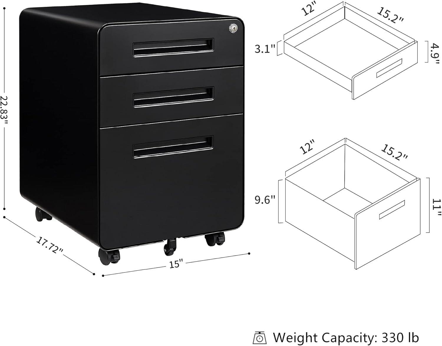 DaiZuY 3 Drawer Mobile File Cabinet with Lock, Heavy Duty Metal Filing Cabinet Rolling Pedestal Under Desk for Home Office, Legal/Letter/A4 Size, Fully Assembled, Black