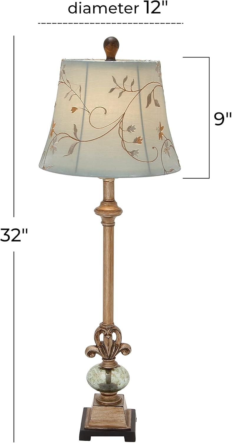 DecMode 32" Antique Style Floral Brass Buffet Lamp with Blue Linen Shade