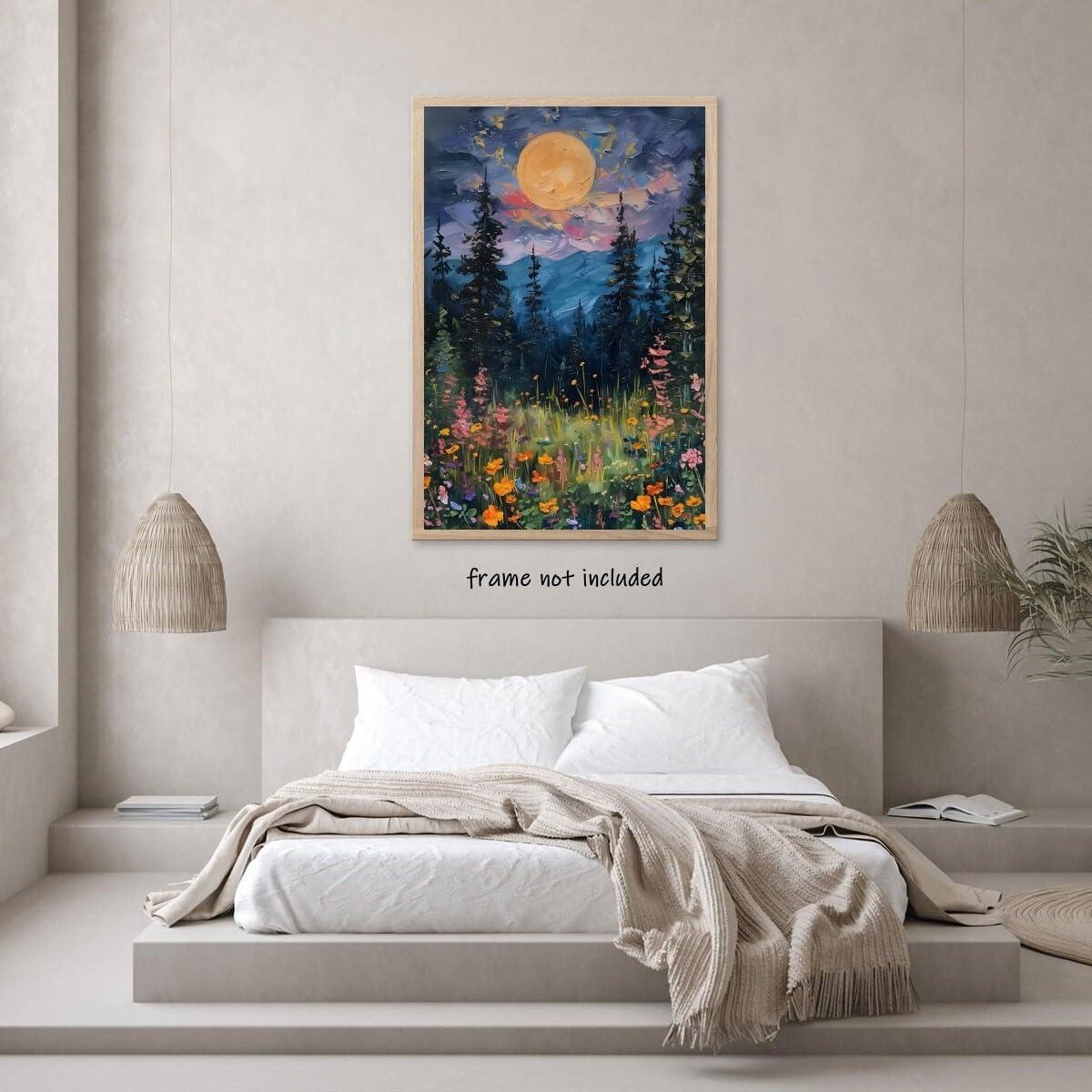 SFAOHPR Mystical Moon and Wildflowers Canvas Wall art Nature Flowers Oil Painting posters for room aesthetic Room Aesthetics Posters for Bedroom living room Home Decor ﻿12x16inch Unframed