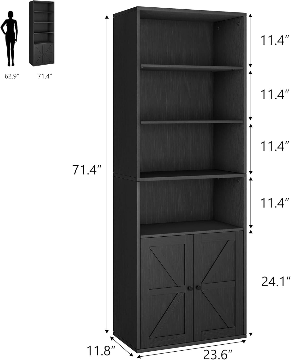 IDEALHOUSE Bookcase with Doors Industrial Bookshelf 11.8in Depth Display Storage Shelves 71.4in Tall Farmhouse Bookcases Wooden 6 Shelf Bookshelvels for Bedroom, Living Room, Home Office