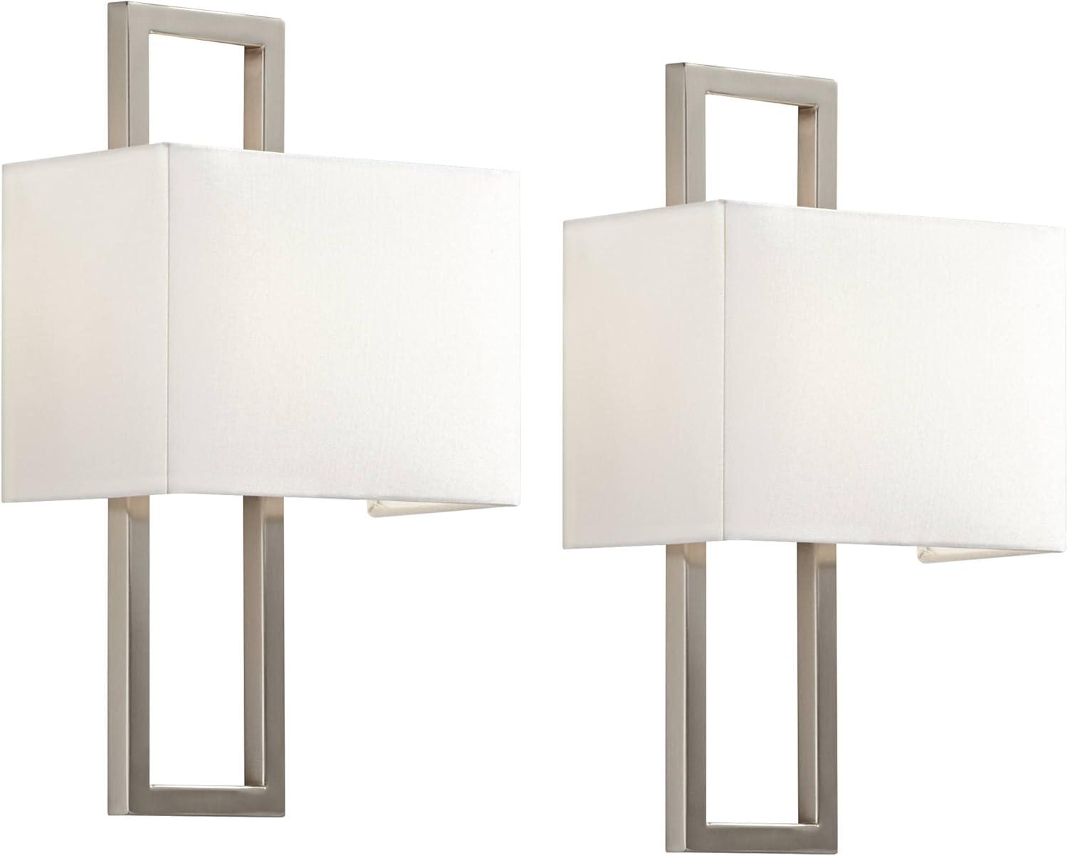 Possini Euro Design Modern Wall Light Sconces Set of 2 Brushed Nickel Hardwired 9 1/2" Fixture Silvery Faux Silk Shade for Bedroom