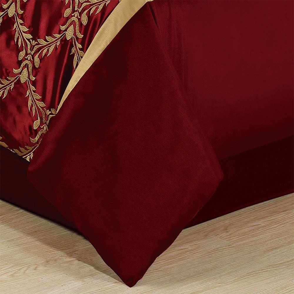 HIG 7 Piece Burgundy and Gold Faux Silk Fabric Embroideried Bedding Set, Queen