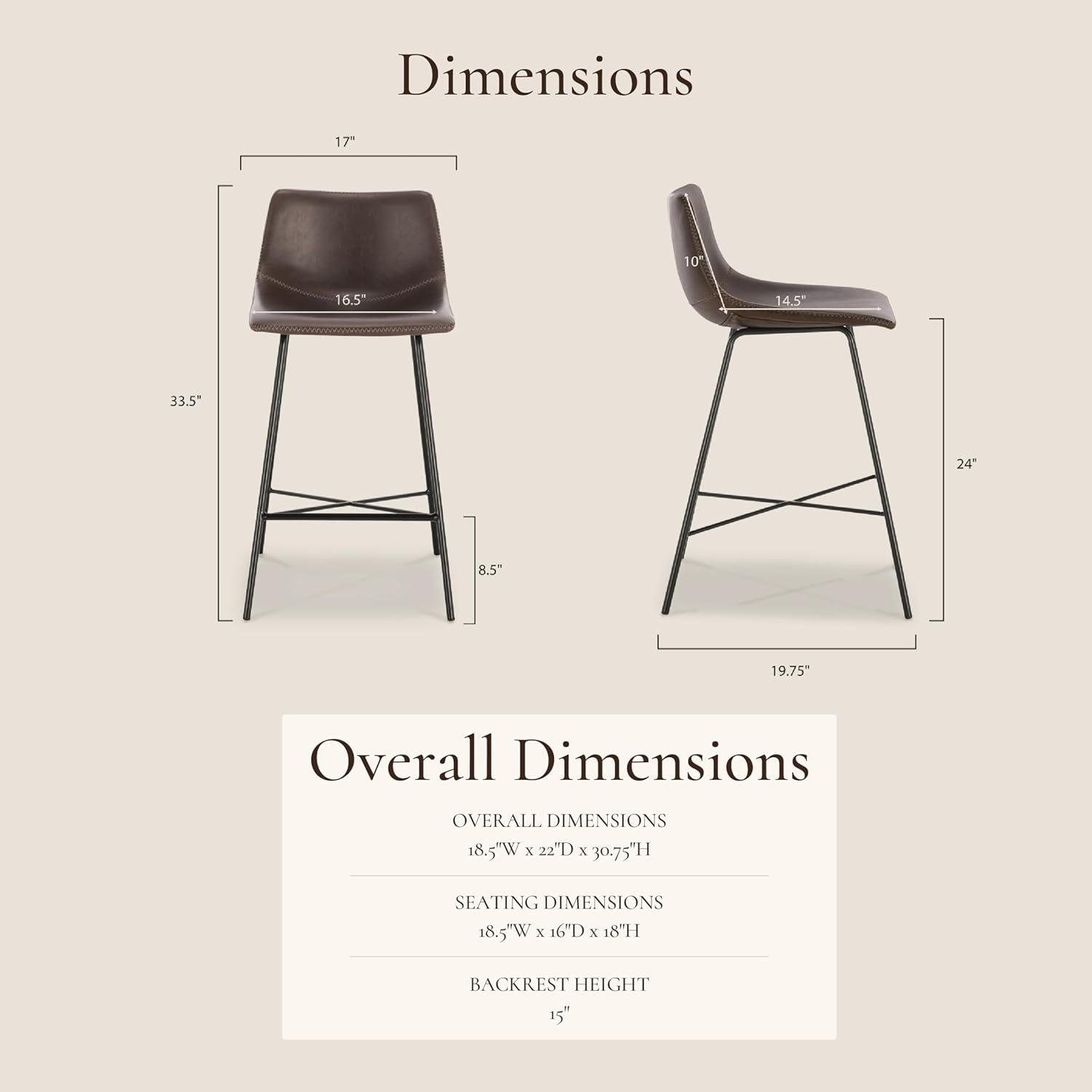 5Rcom 600 lbs Counter Height Bar Stools Set of 3, 24 Inch Faux Leather Barstools with Back, Bar Chairs with Metal Legs for Kitchen Island, Dining Room, Party Room & Restaurant, (Brown)