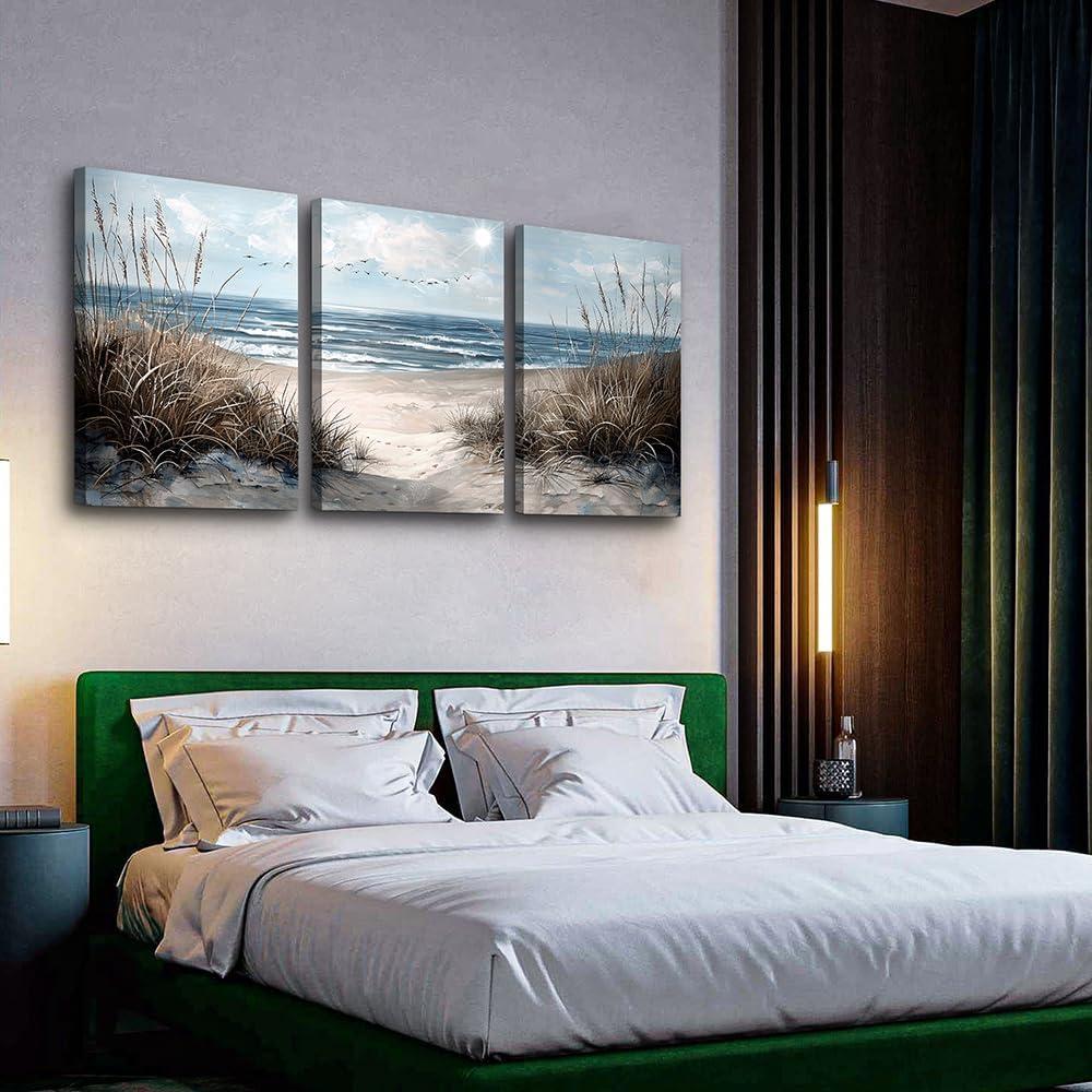 SERIMINO Beach Canvas Wall Art for Living Room, Blue Coastal Wall Decor for Bedroom, Seaside Pictures for Bathroom Wall Decoration, Ocean Painting Set for Office, Home Decor for Wall