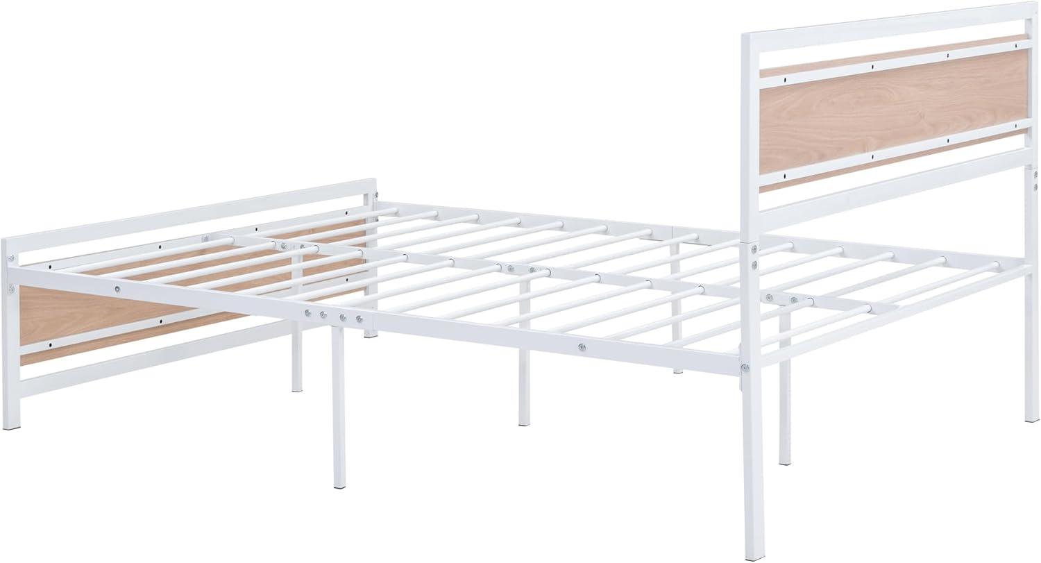 Full Size White Metal and Oak Platform Bed with Headboard