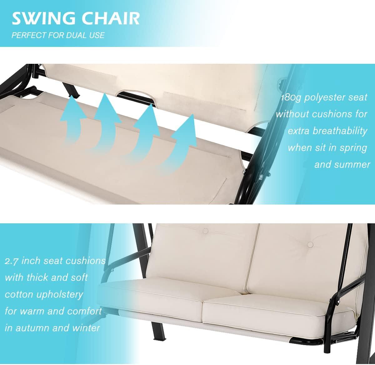 AECOJOY 2-Seat Porch Swing Chair, Patio Swing Chair w/ Cushions Beige