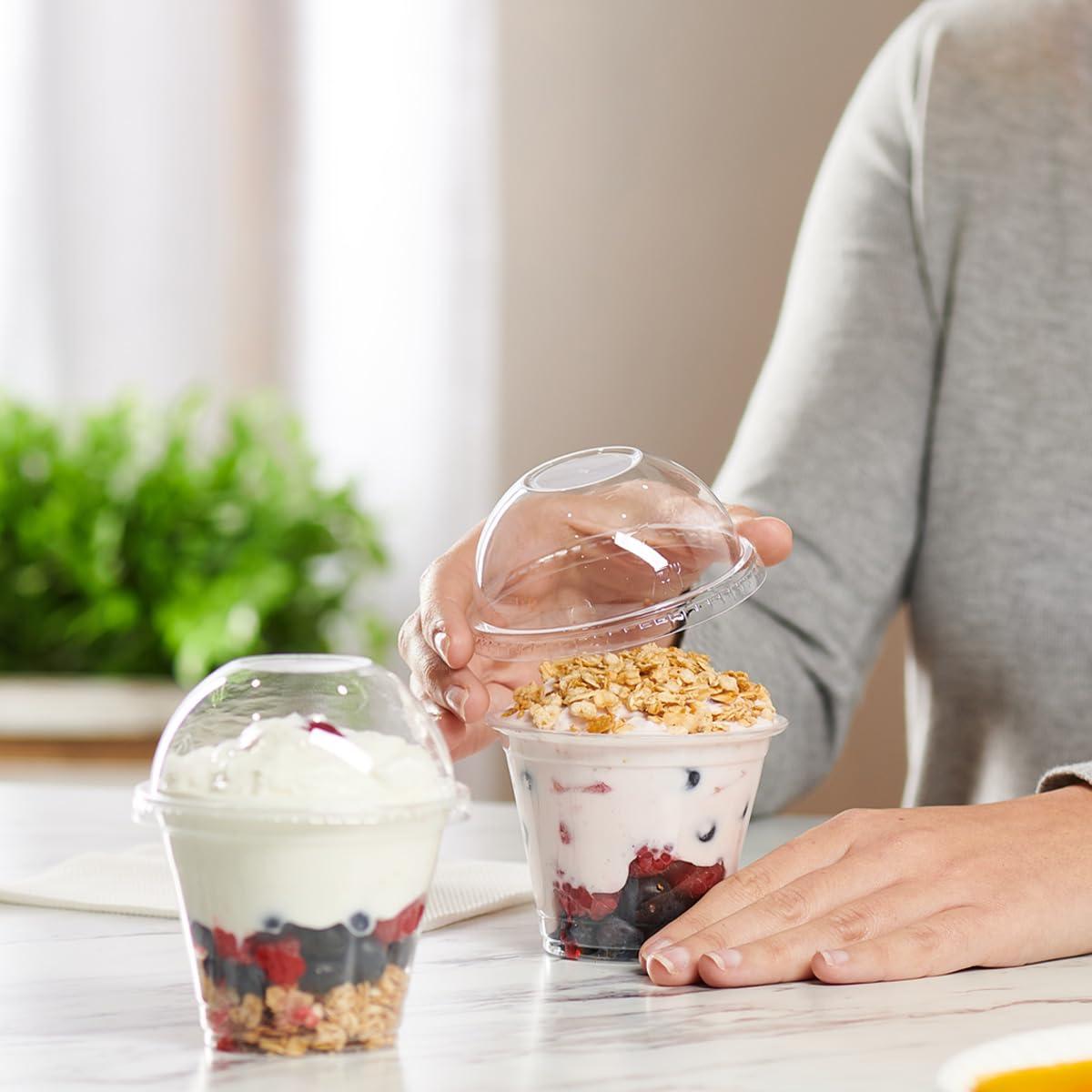 GUSTO [9 oz. - 50 Count Clear Plastic Cups With Dome Lids (No Hole), Fruit Cups with Lids for Party - Perfect for Smoothies, Milkshakes, and To-Go Beverages - (Formerly Comfy Package)