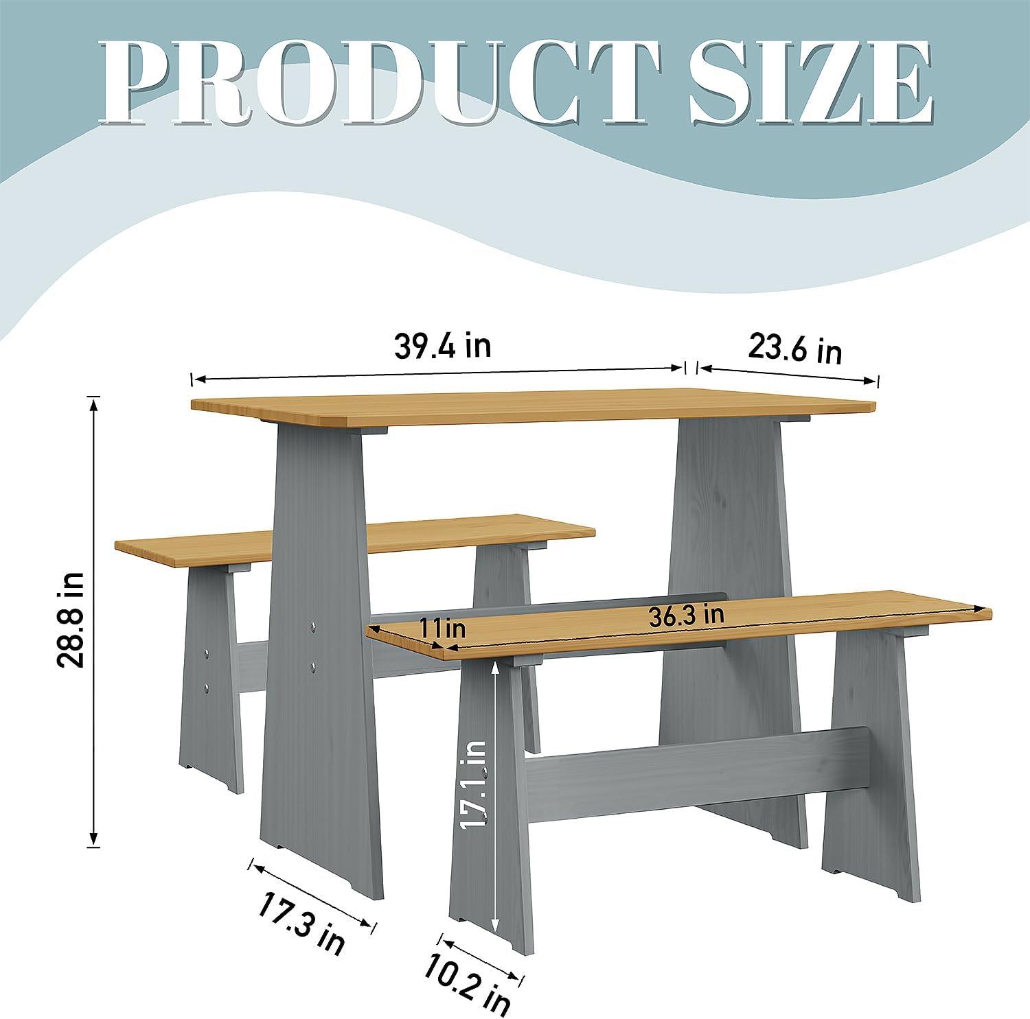 Urban Home Furniture Chapman 3 Piece Casual Dining 2-Tone Natural/Grey Solid Pine Wood Kitchen Table Set with 2 Benches, Kitchen Dining Set