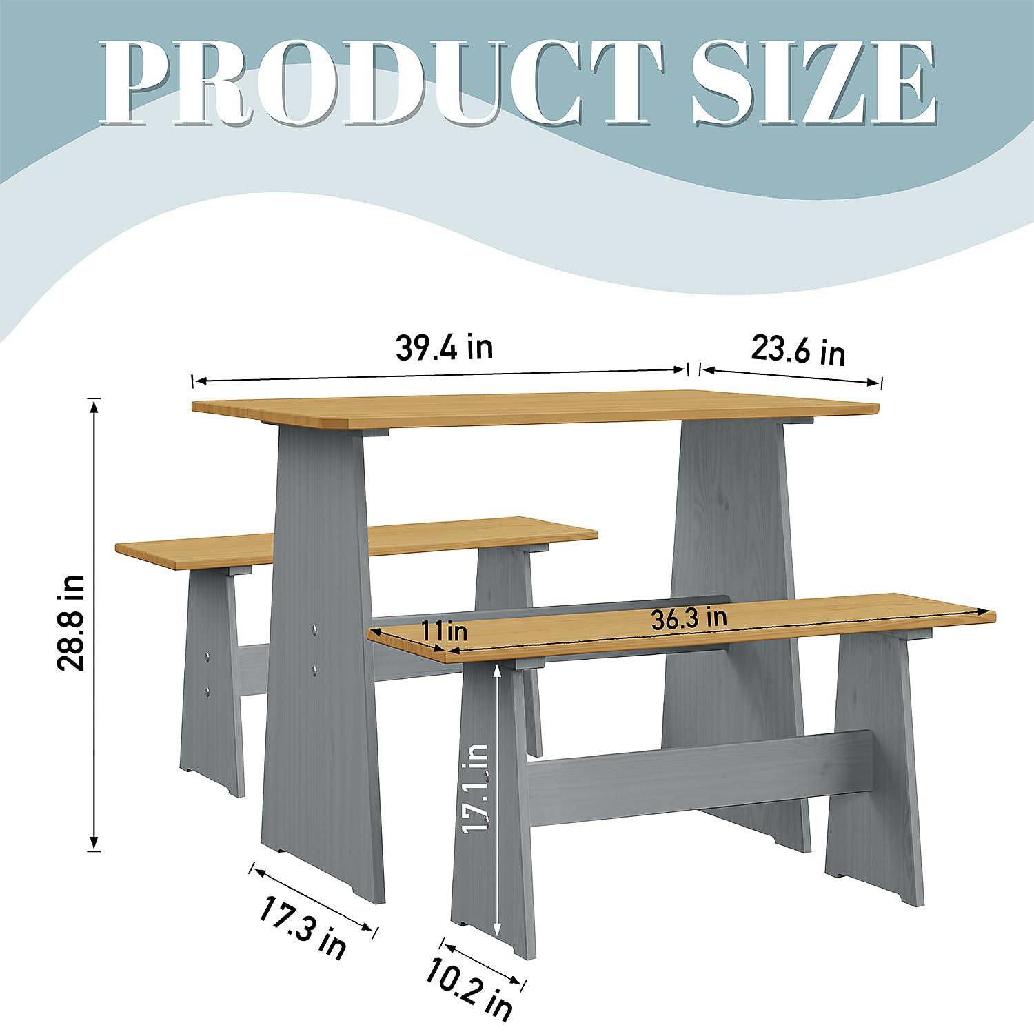 Urban Home Furniture Chapman 3 Piece Casual Dining 2-Tone Natural/Grey Solid Pine Wood Kitchen Table Set with 2 Benches, Kitchen Dining Set