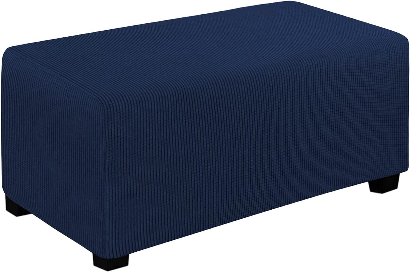 Navy Blue Stretch Microfiber Ottoman Slipcover with Elastic Closure