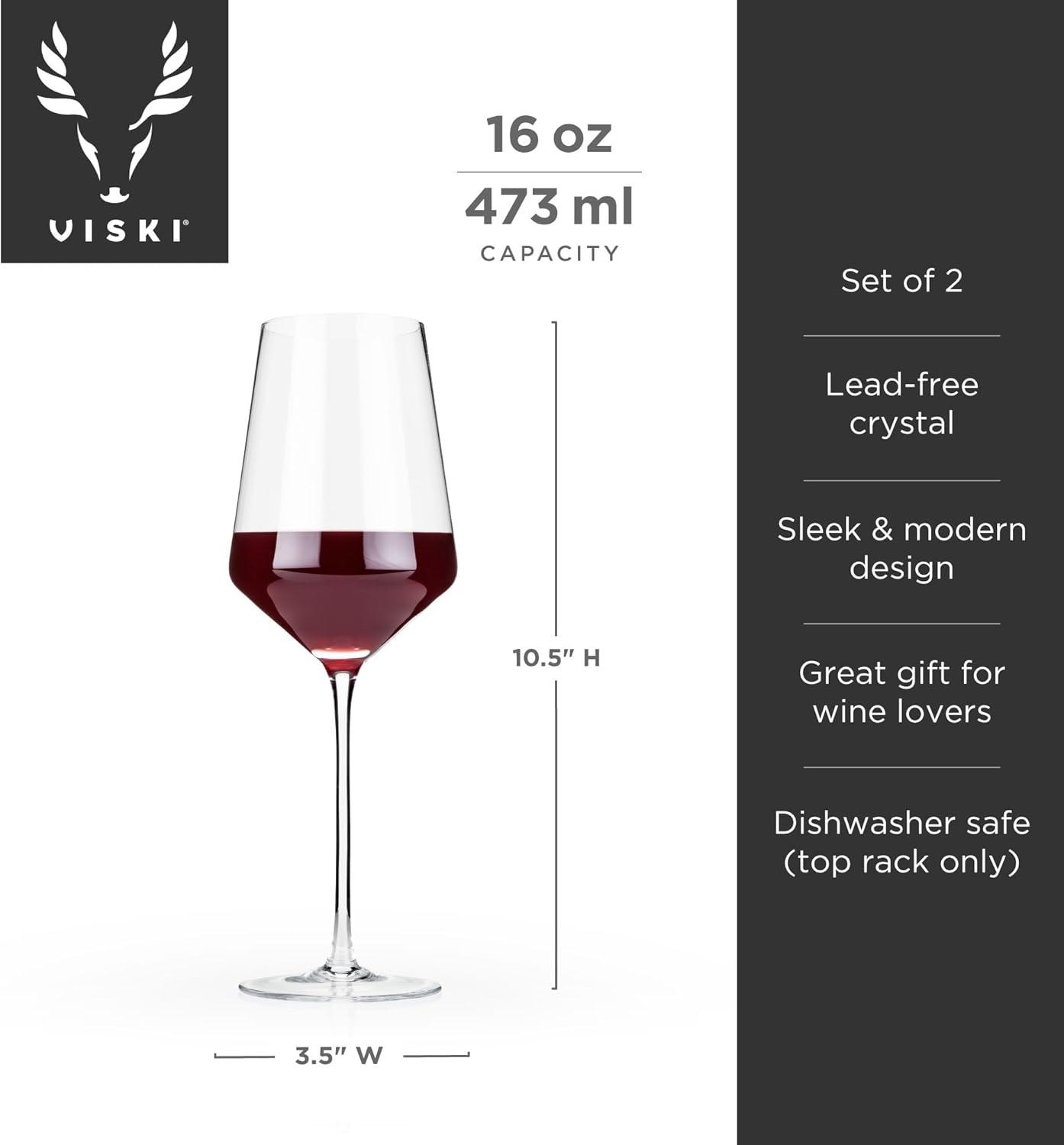 Viski Raye Angled Crystal Bordeaux Wine Glasses Set of 2 - Premium Crystal Clear Glass, Modern Stemmed, Flat Bottom Red Wine Gift Set - 16oz