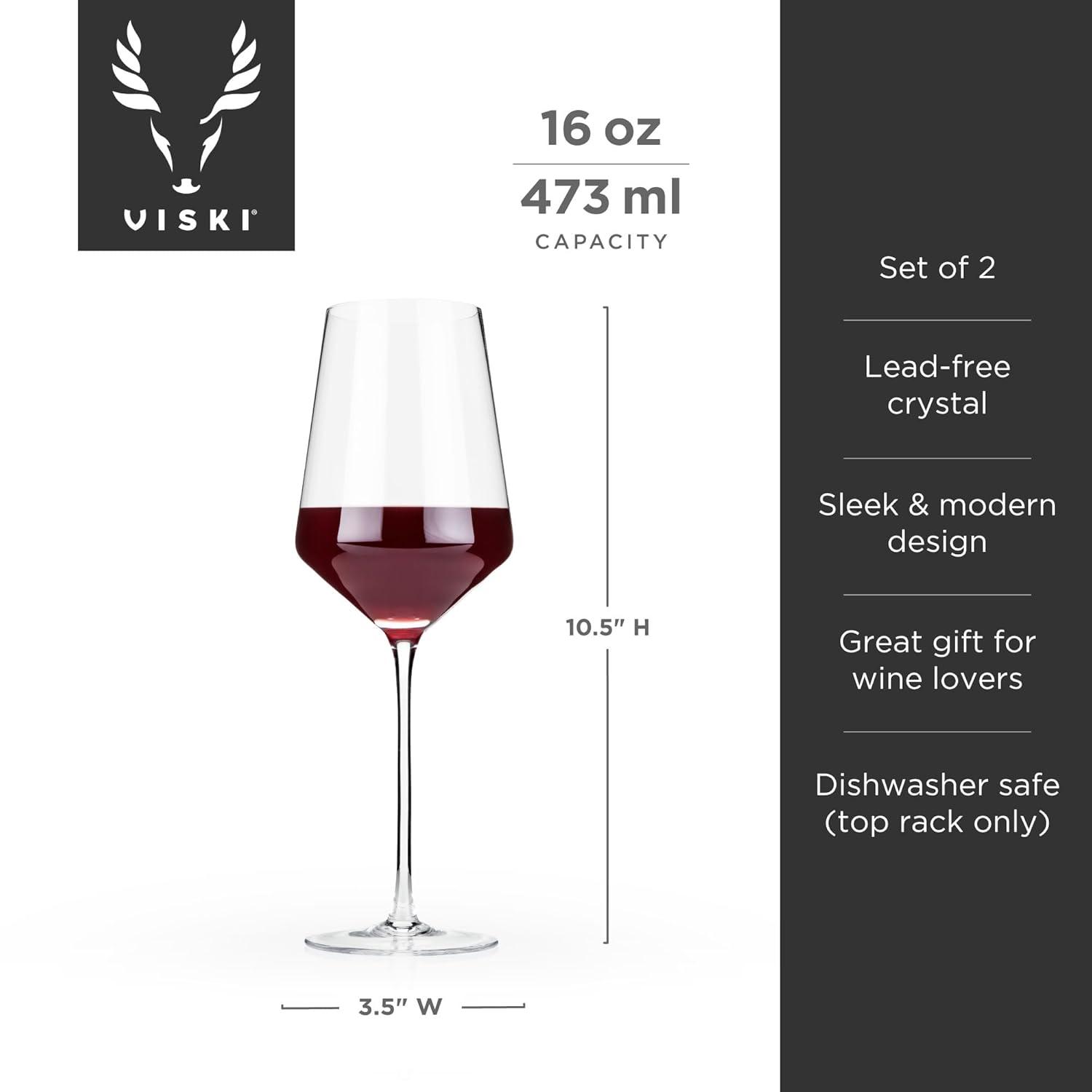 Viski Raye Angled Crystal Bordeaux Wine Glasses Set of 2 - Premium Crystal Clear Glass, Modern Stemmed, Flat Bottom Red Wine Gift Set - 16oz