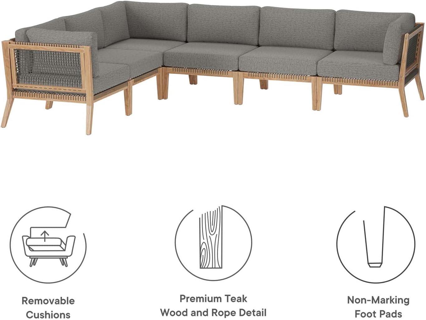 Modway Clearwater Outdoor Patio Teak Wood 6-Piece Sectional Sofa