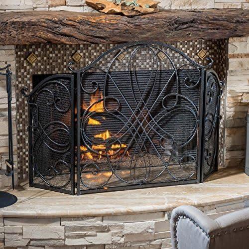 GDF Studio Noweta Traditional Iron Three Panel Fireplace Screen, Silver and Black