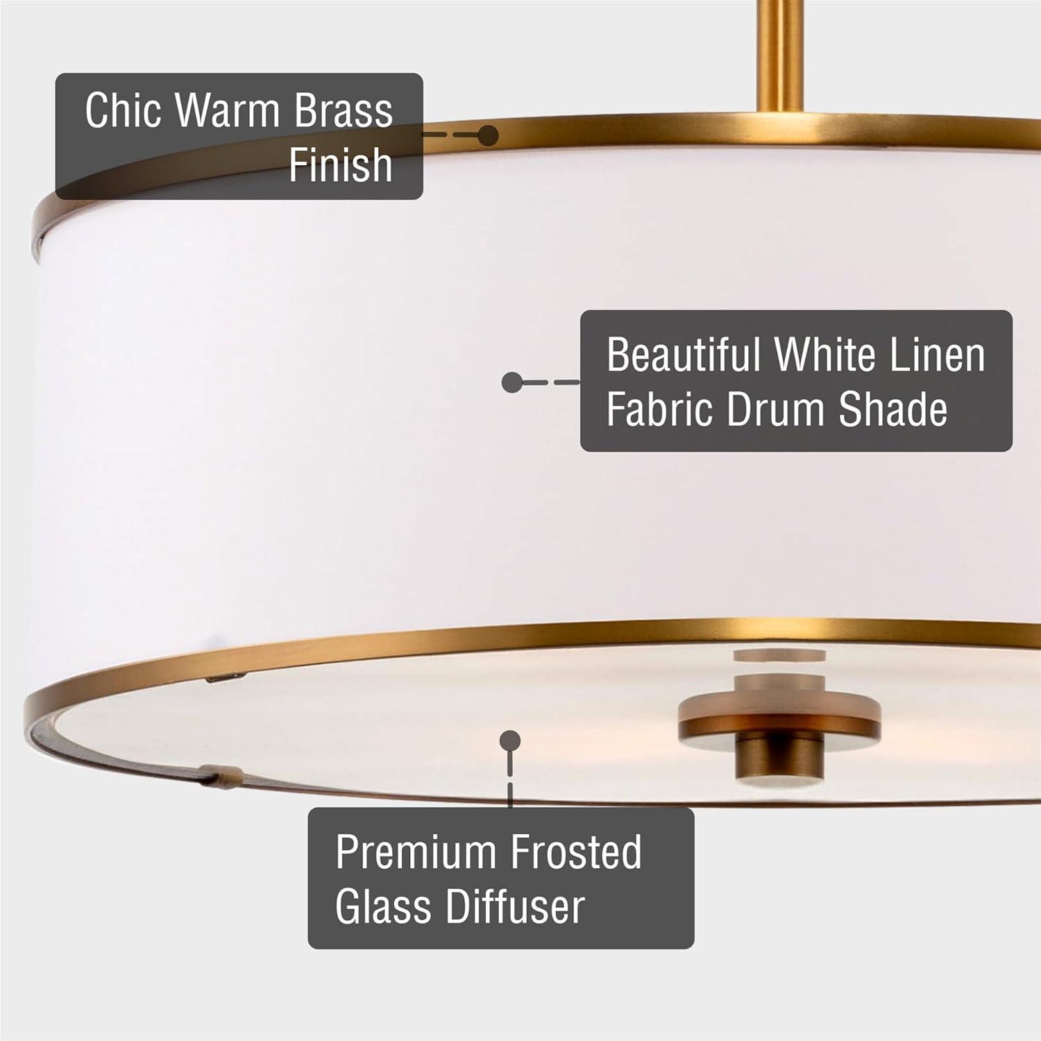 Kira Home Chloe 15" Retro Ceiling Light, White Drum Shade, LED Compatible, Round Glass Diffuser, Warm Brass Trim