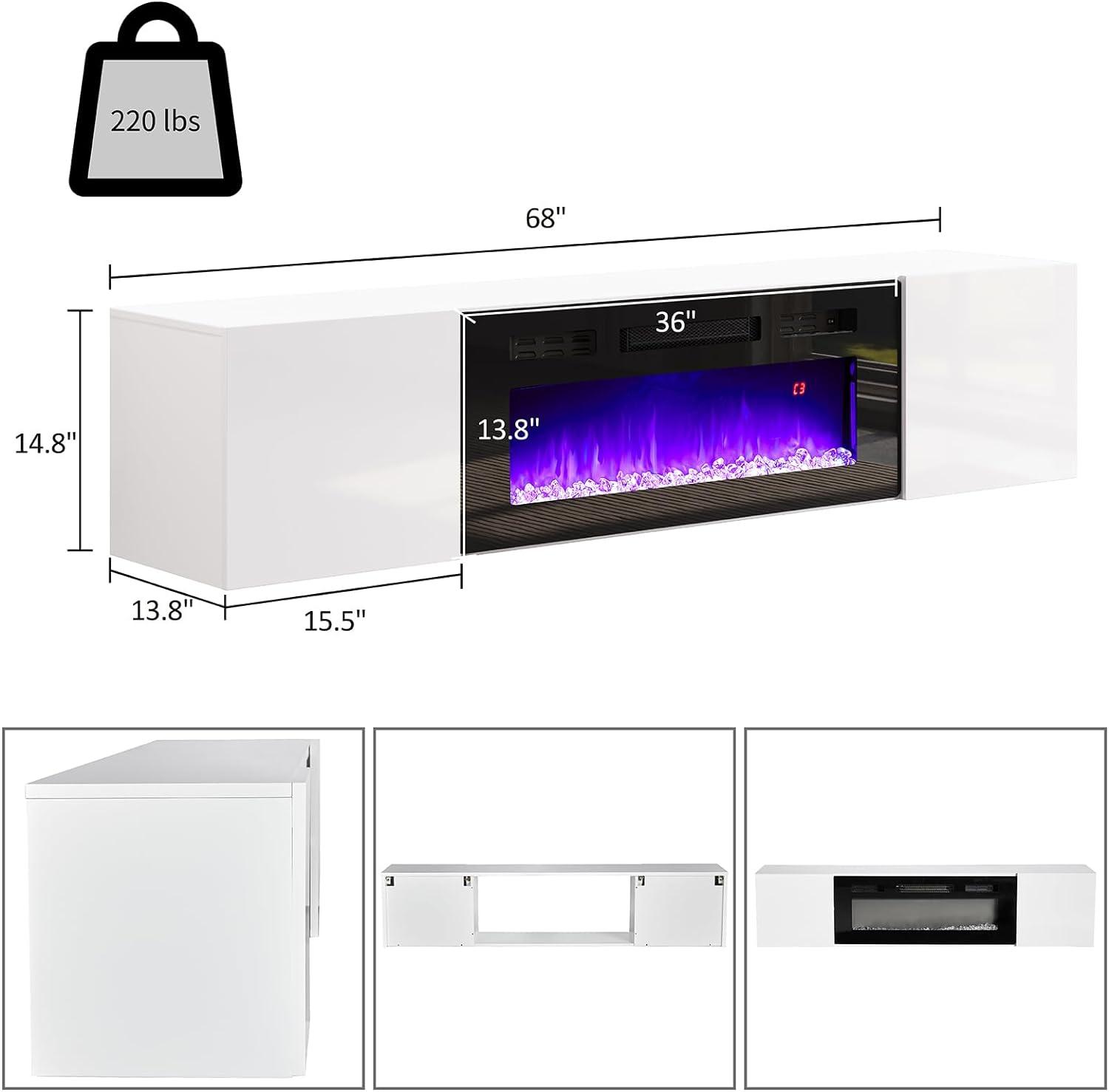 White Gloss Floating TV Stand with Electric Fireplace