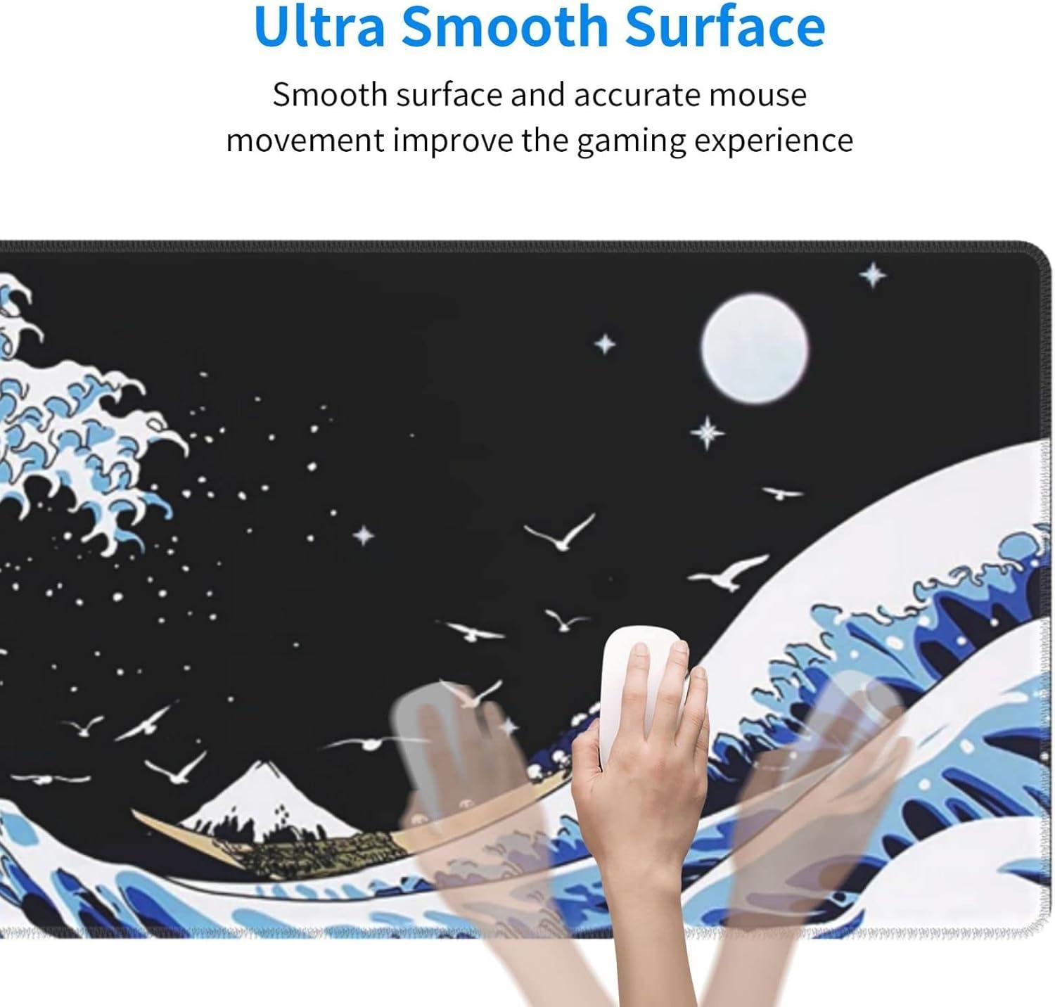 Japanese Blue and Black Sea Wave Mouse Pad Abstract Blue Desk Mat 31.5x11.8 Inch Sea Wave Texture Non-Slip Rubber Base Wave Mousepad Stitched Edges Keyboard Mouse Mat Desk Pad for Office Home Game