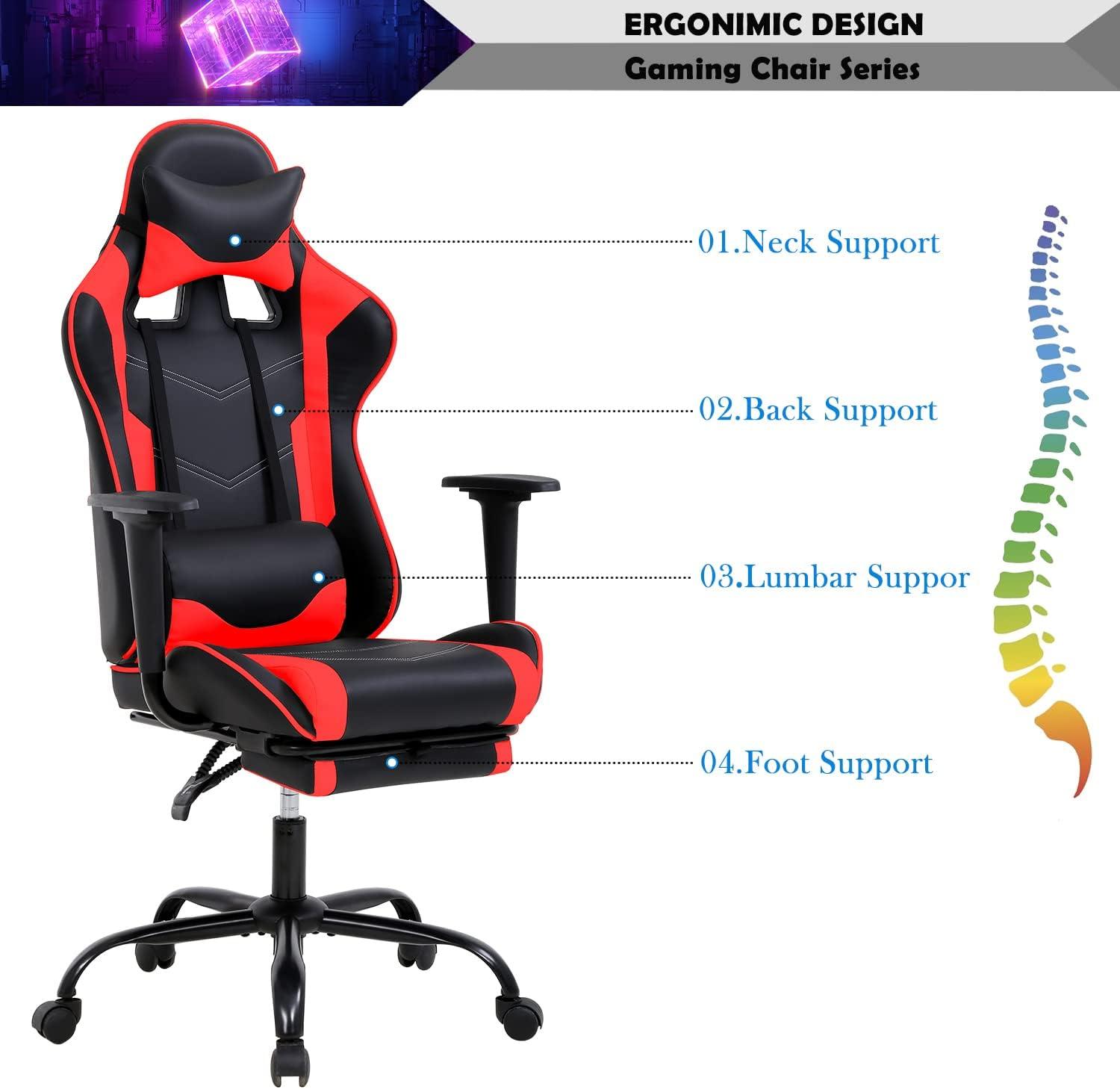 Gaming Chair Racing Office Computer Game Chair Ergonomic Desk Chair with Headrest Lumbar Support, High Back Gamer Office Chair Recliner Video Game Chairs for Kids or Adults,Red