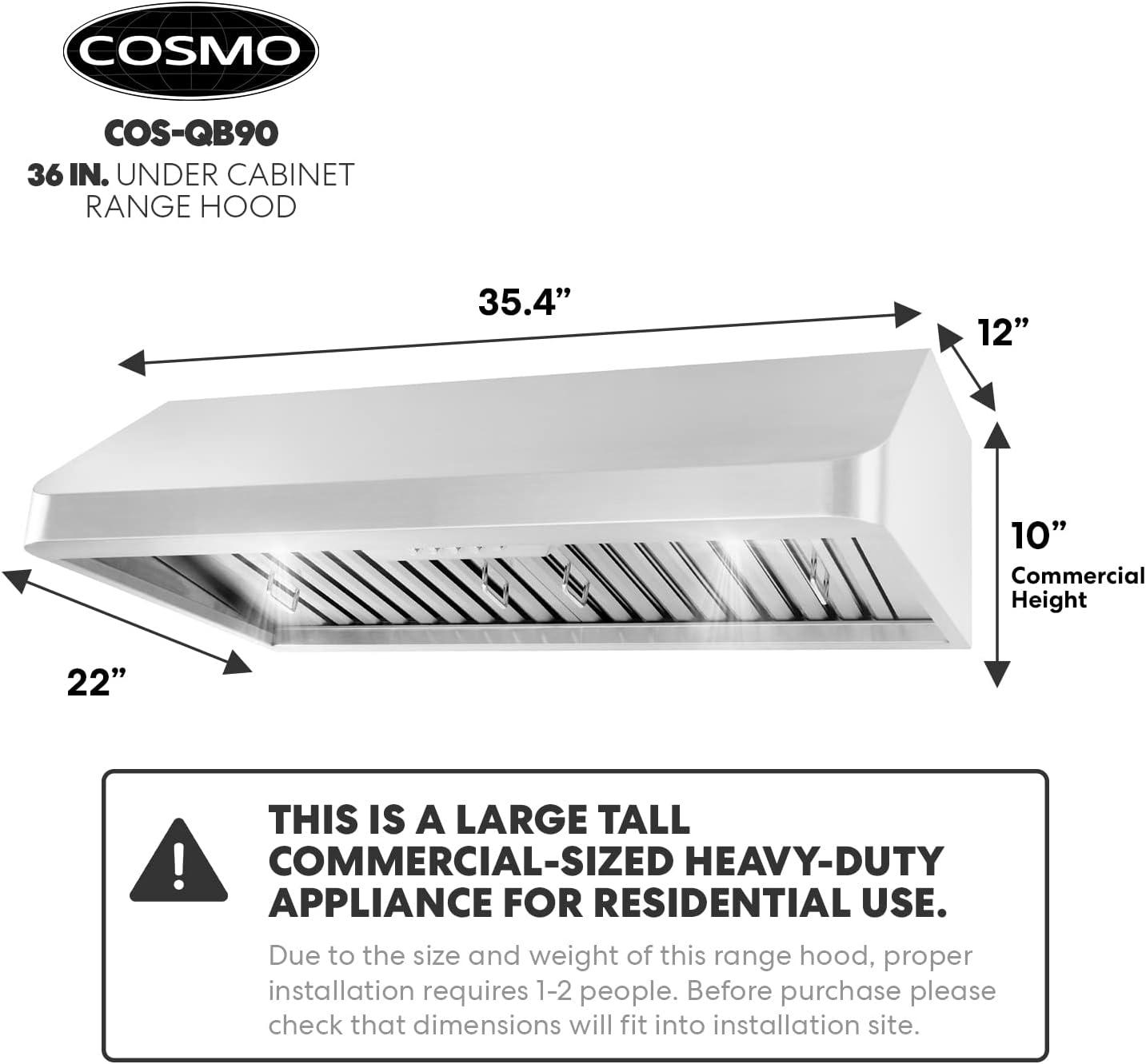 Cosmo 36 in. Ducted Under Cabinet Range Hood in Stainless Steel with Push Button Controls, Permanent Filters, LED Lights
