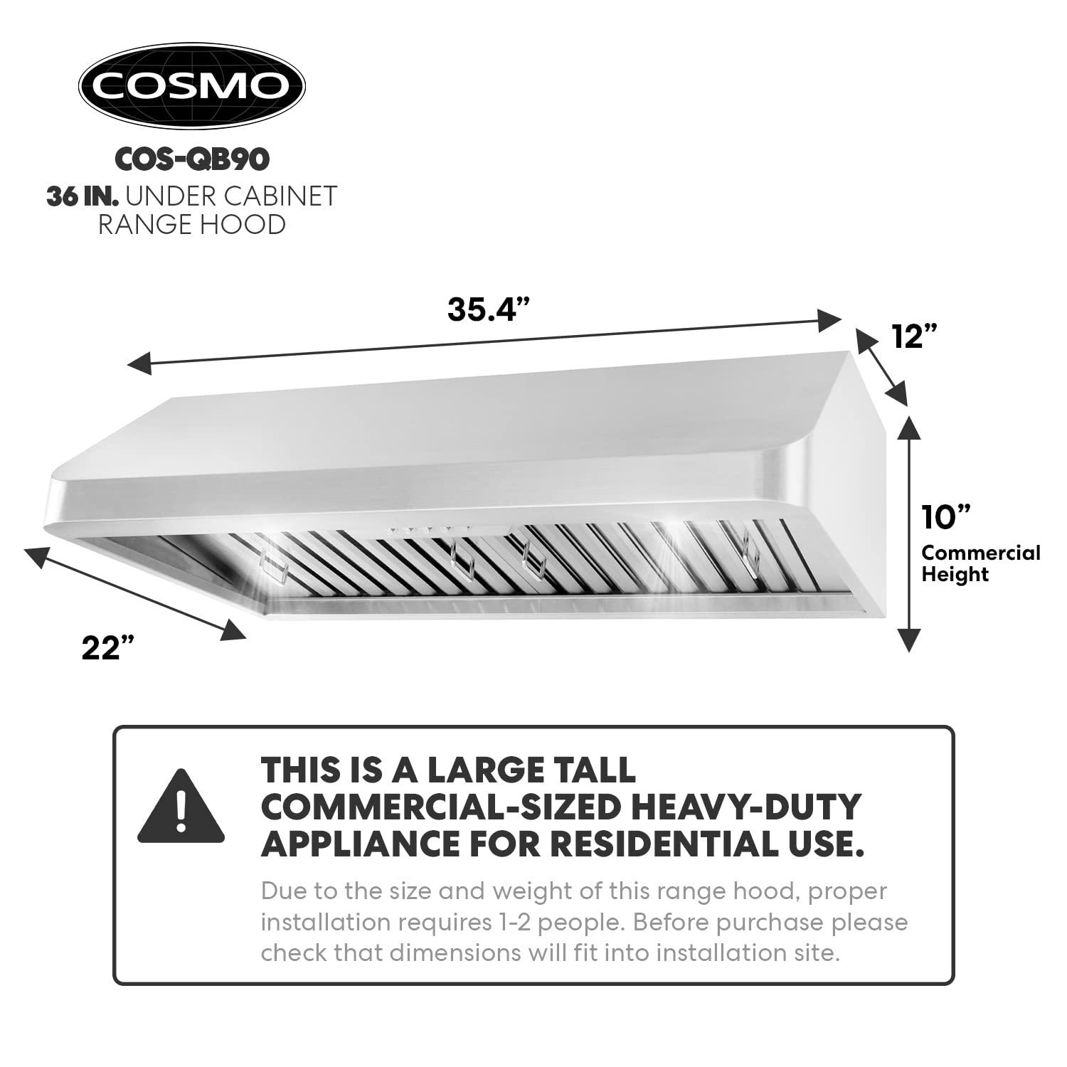 Cosmo 36 in. Ducted Under Cabinet Range Hood in Stainless Steel with Push Button Controls, Permanent Filters, LED Lights