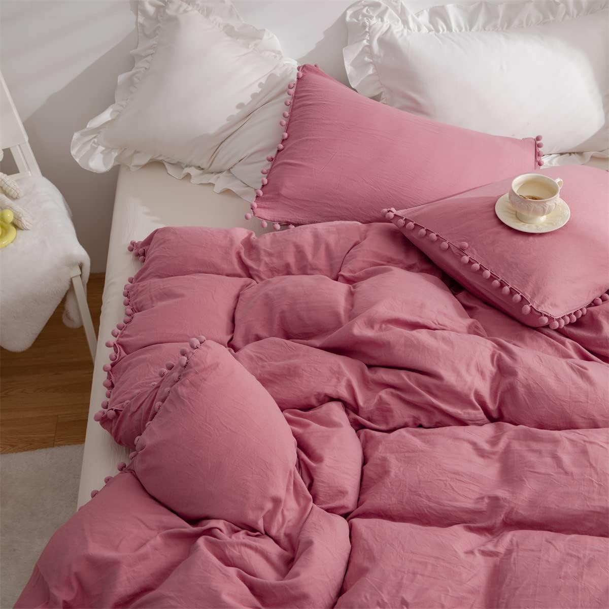 IHOUSTRIY Kid's Duvet Cover Twin Size,100% Washed Microfiber 2pcs Girl Bedding Duvet Cover Set, Pom Poms Fringe Solid Color Soft and Breathable with Zipper Closure & Corner Ties (Dusty Rose, Twin)