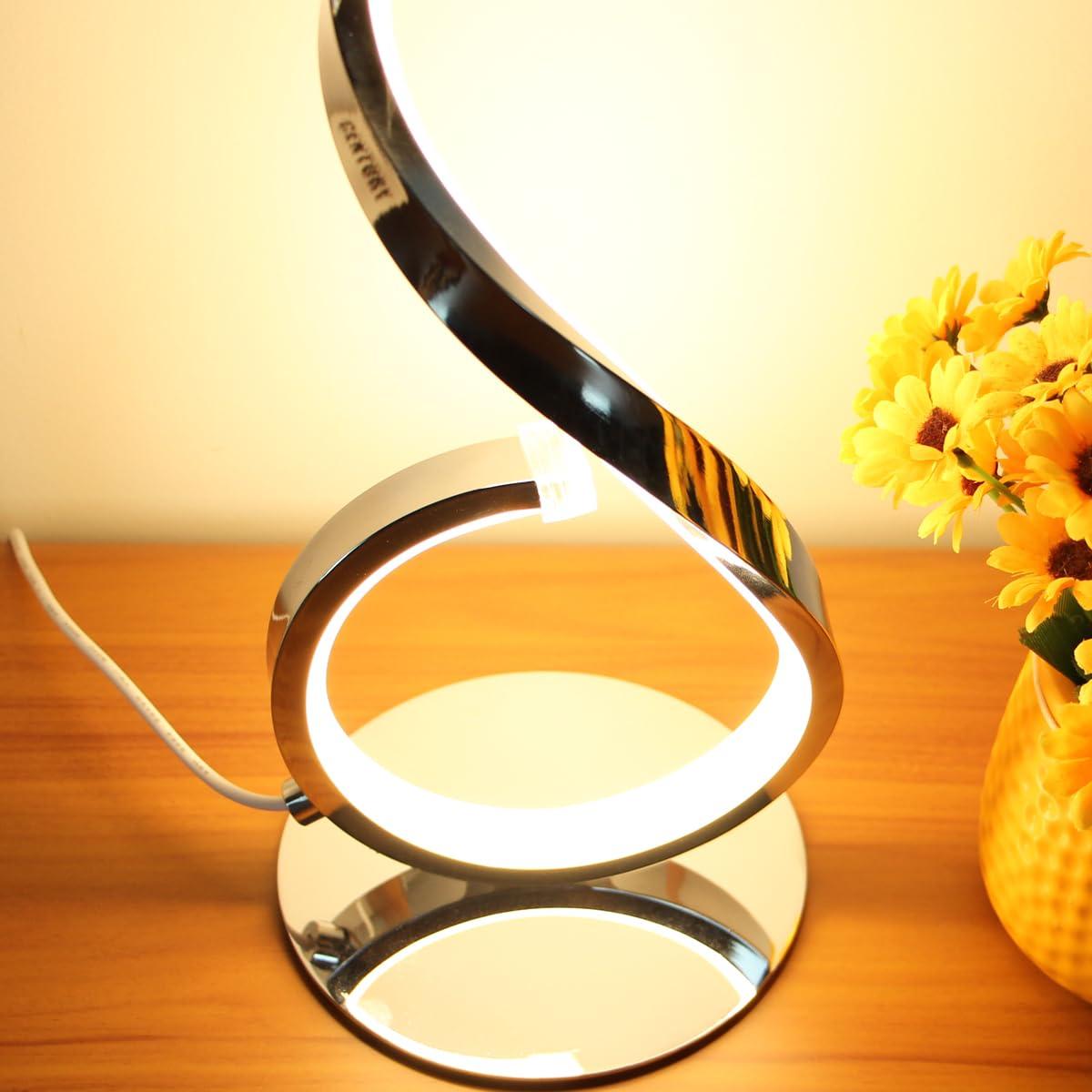 Modern Spiral LED Table Lamp, Stepless Dimmable Bedside Table Lamps for Bedroom, 10W LED Desk Lamp 3 Color Modes Desk Light Reading Office Lamps for Nightstand, Living Room- Silver