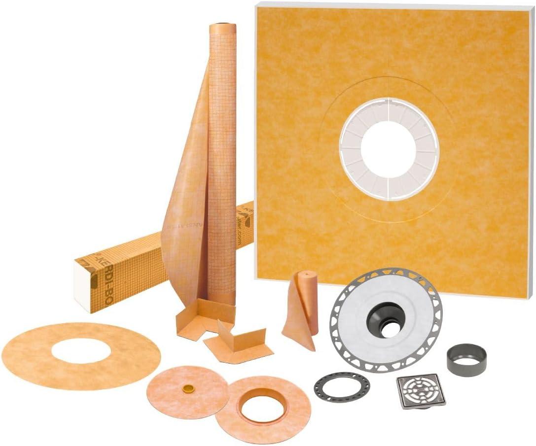 Schluter Kerdi Shower Kit with Shower Tray, Curb, Waterproofing Membrane, Strips, and Seals - Waterproofing System for Showers - PVC Plastic, Center Outlet Position, 48" x 48" Tray Size - KSK1220PVCE