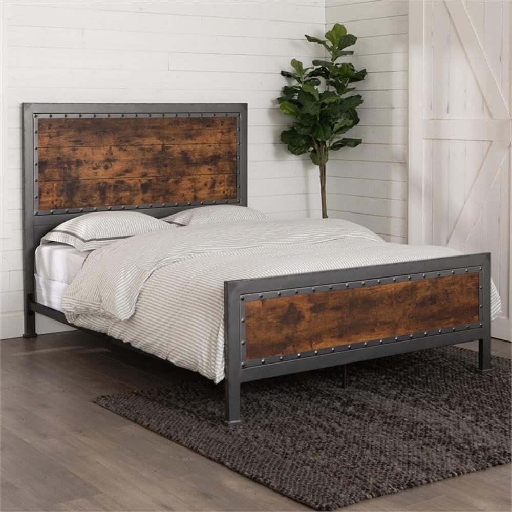 Walker Edison Queen Size Industrial Wood and Metal Bed - Brown