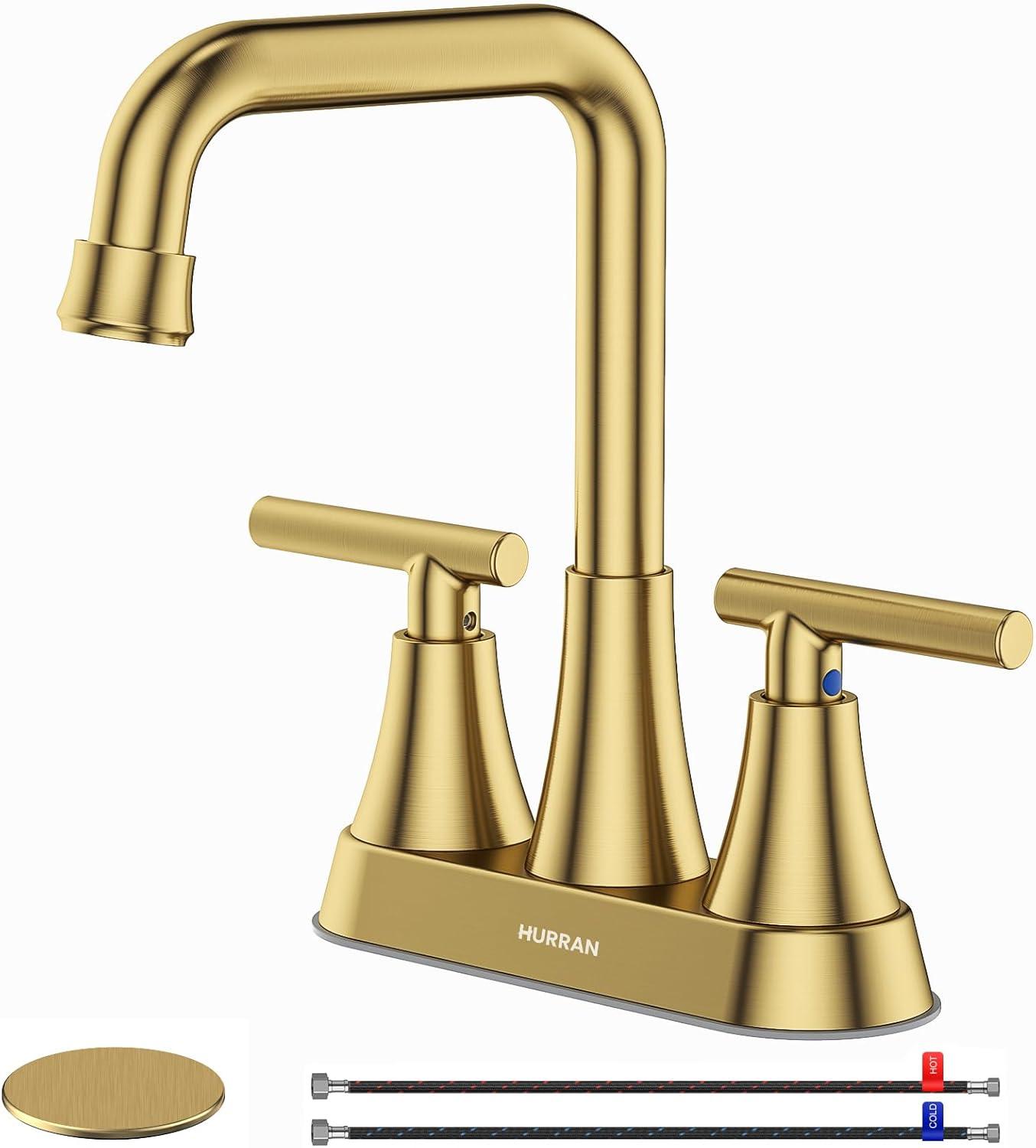 Bathroom Sink Faucet, Hurran 4 inch Brushed Gold Bathroom Faucets for Sink 3 Hole with Pop-up Drain and Supply Hoses, 360 Swivel Spout 2-Handle Centerset Faucet for Vanity RV Farmhouse