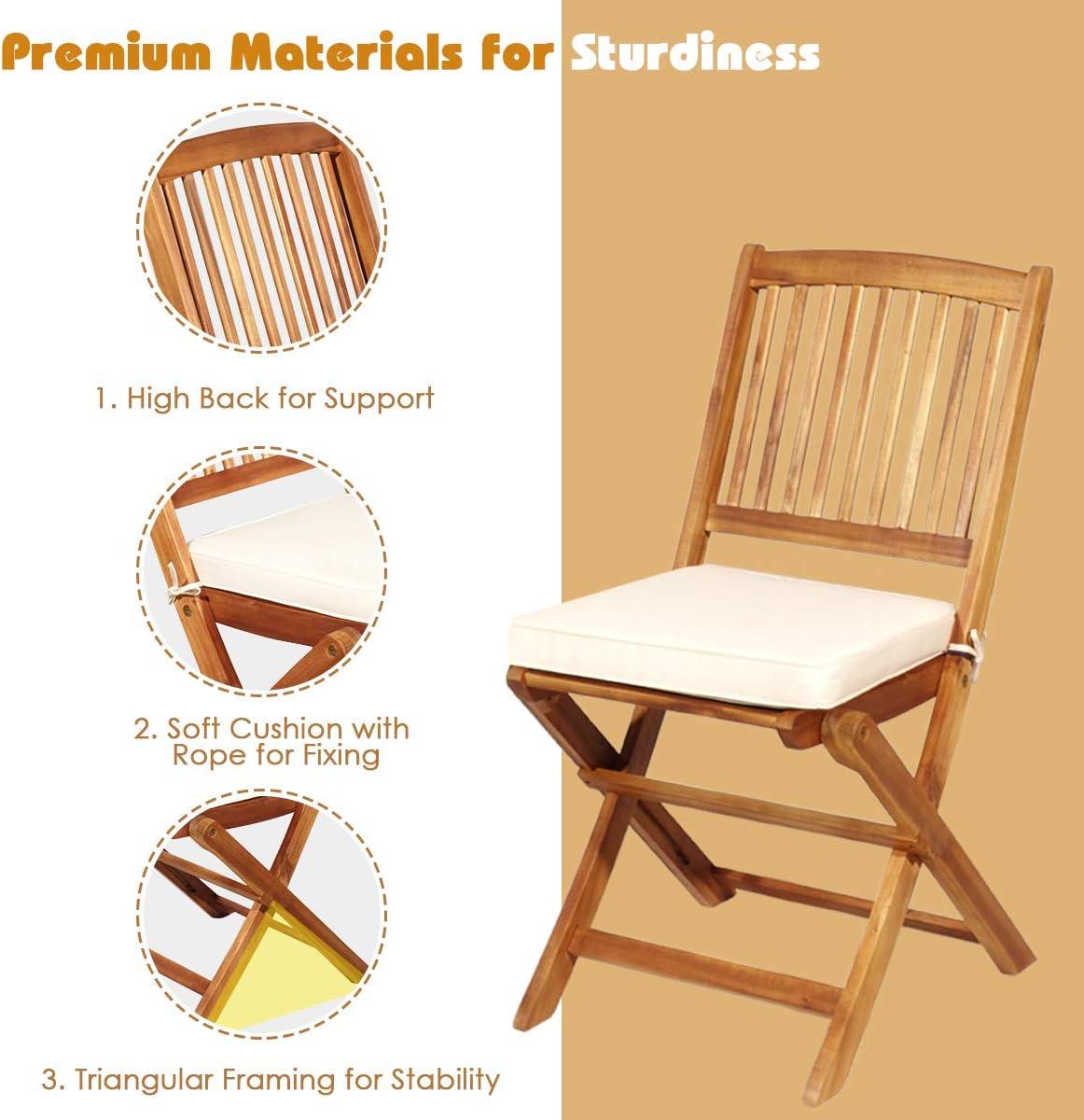 Giantex 3Pcs Patio Bistro Set, Wood Folding Table Set, 2 Cushioned Chairs for Garden Yard