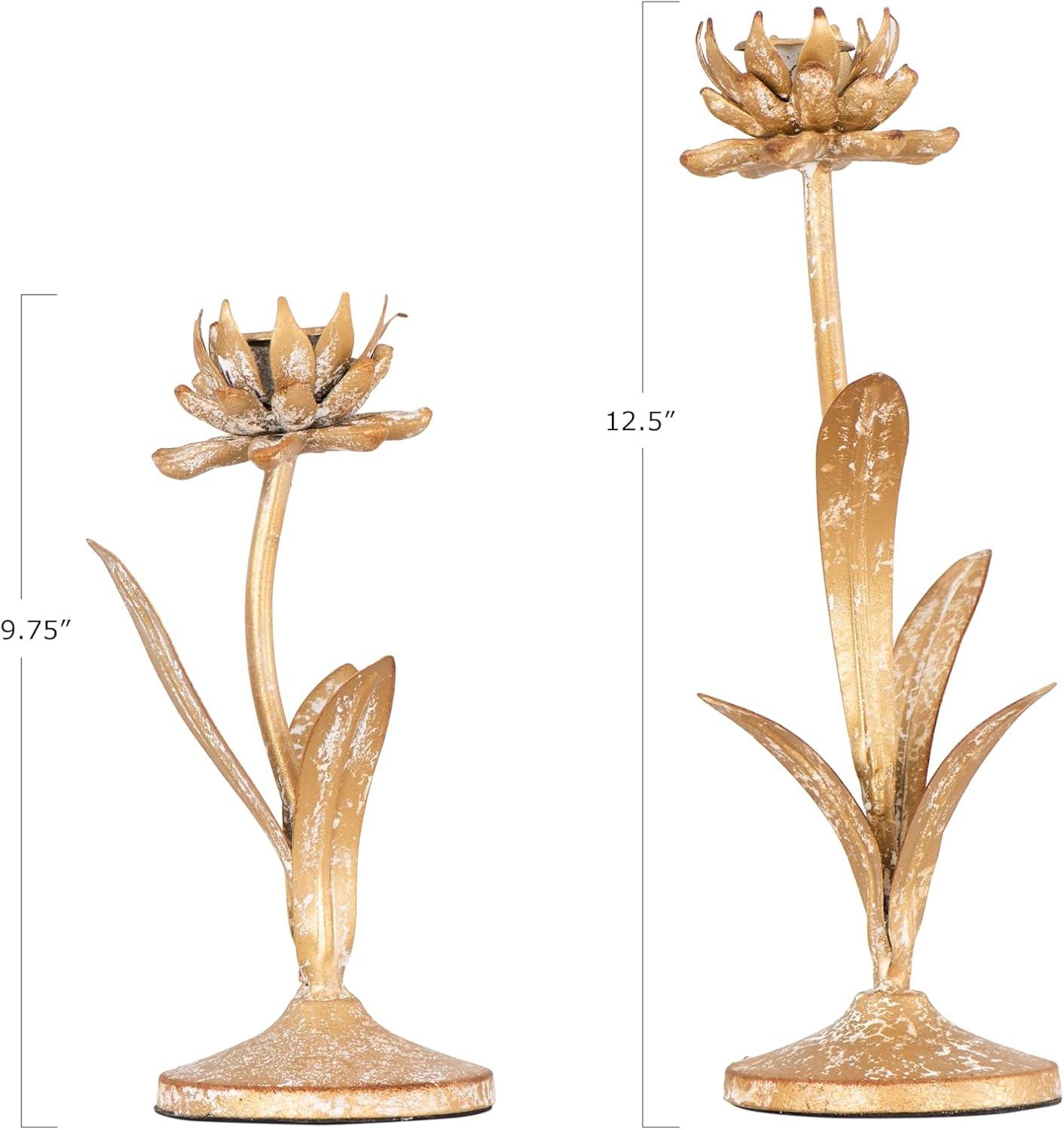 Storied Home 2pc Metal Taper Candle Holder Set with Flowers Gold/White - Bohemian Decor, Online-Unique