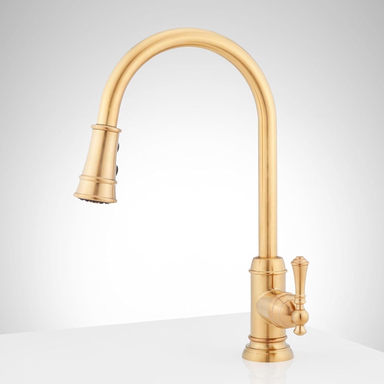 Polished Brass Single-Hole Kitchen Faucet with Pull-out Spray