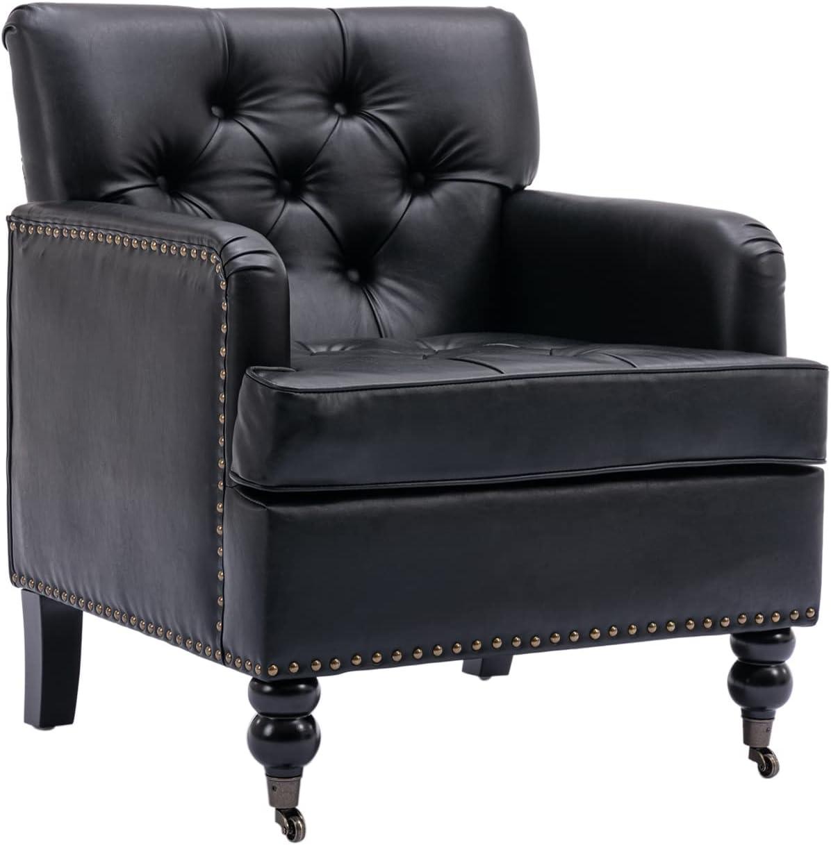 Black Faux Leather Tufted Club Chair with Wood Frame