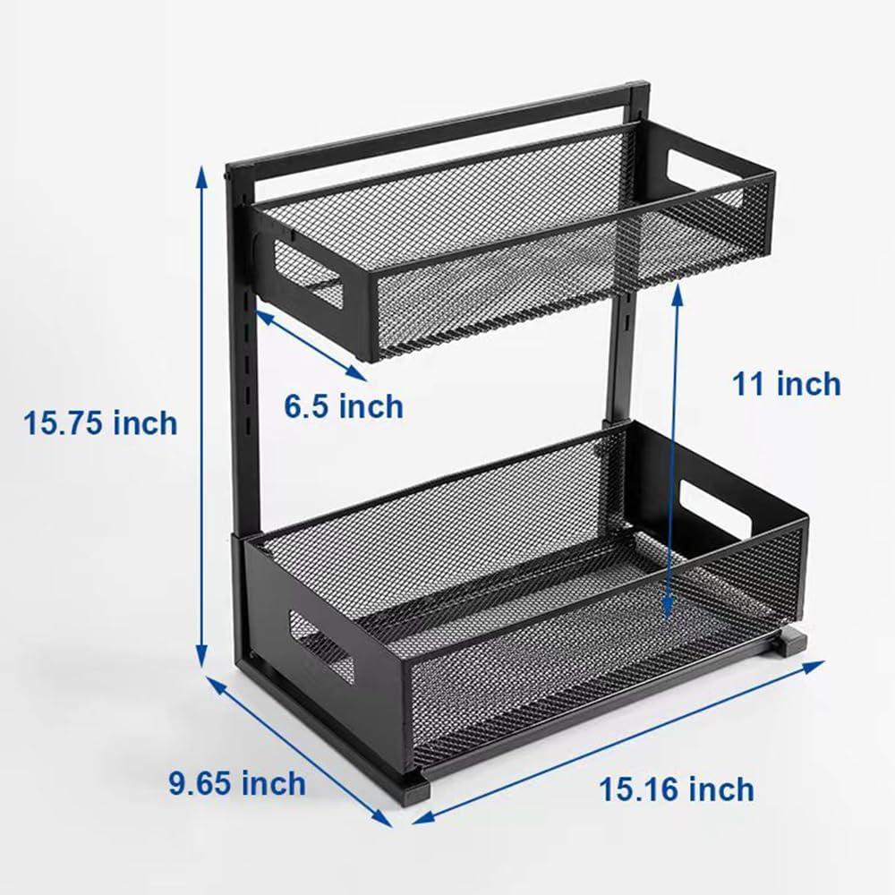 2-Tier Metal Under Sink Organizer, Pull Out Smoothly Under Kitchen Sink Organizer with Track, Large Capacity Heavy Load Under Sink Storage for Kitchen and Bathroom