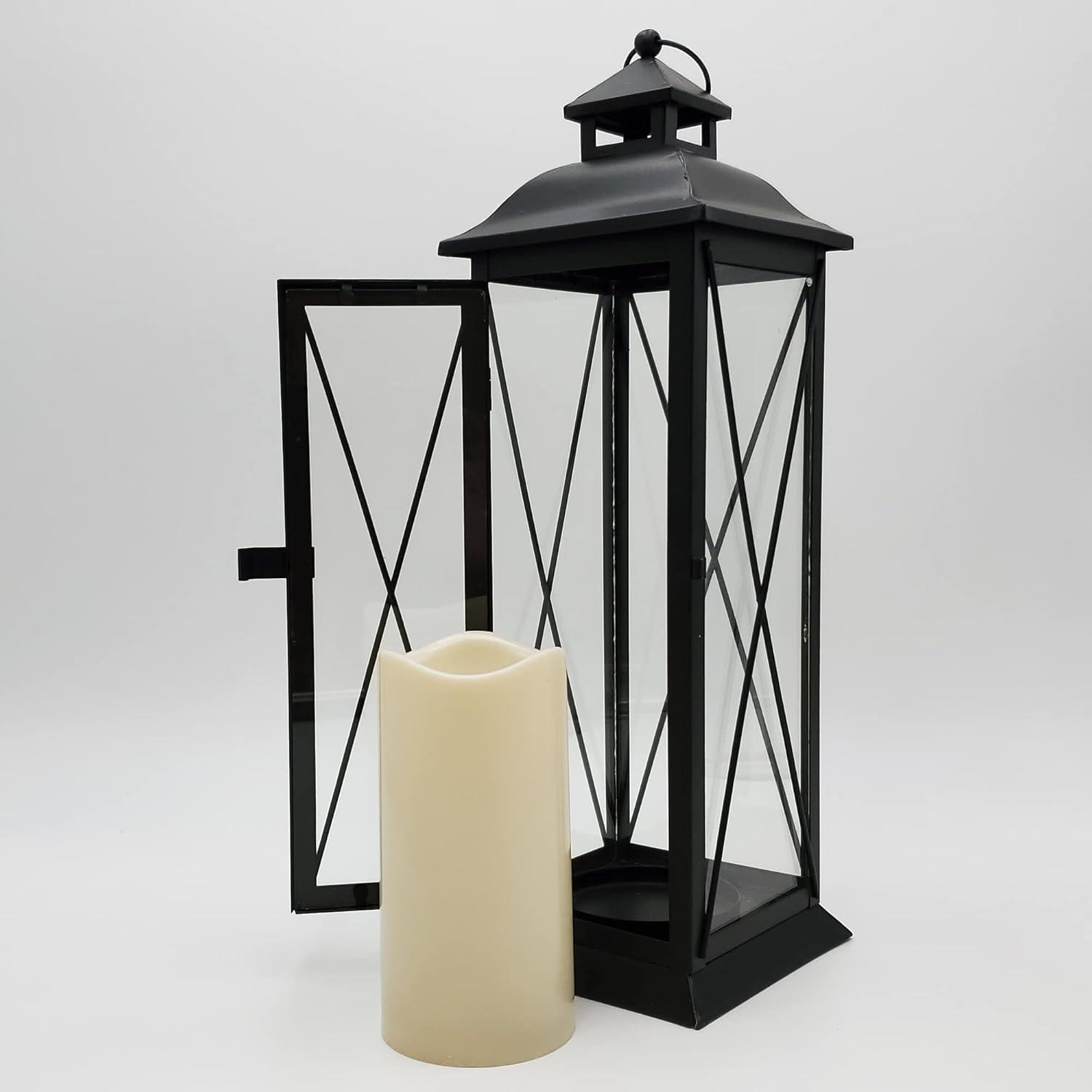 Black Metal Lantern with Amber LED Candle