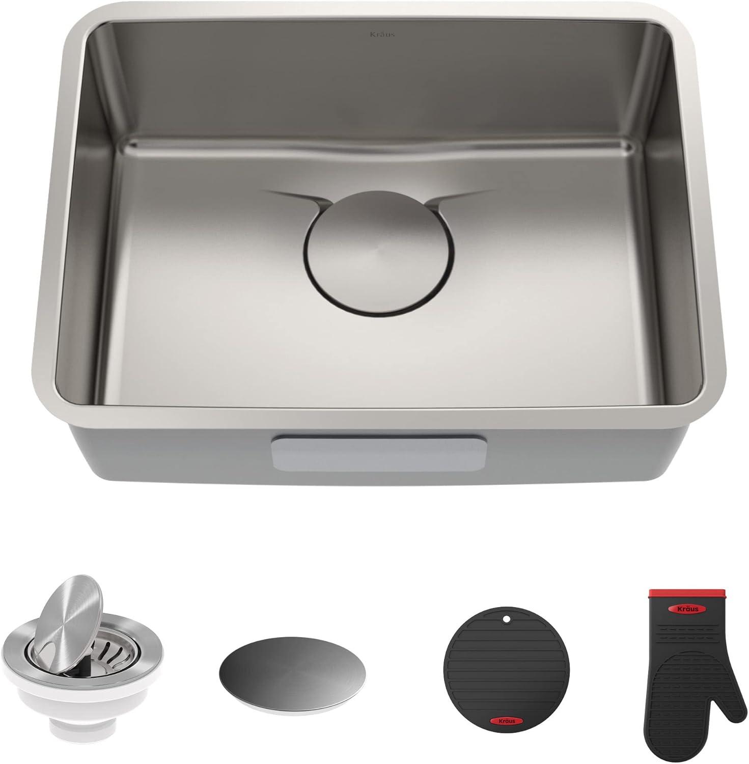 Dex™️ Series KRAUS 25-inch L Undermount Single Bowl TRU16 Gauge Stainless Steel Kitchen Sink with DrainAssure WaterWay