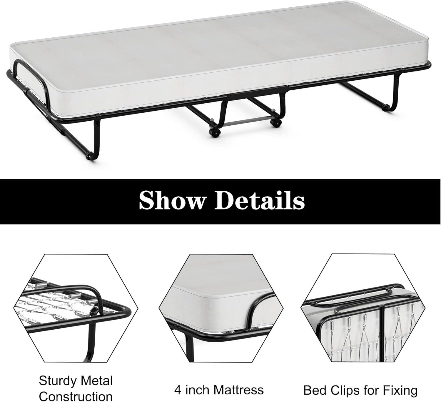 Hysache Rollaway Folding Bed with 4" Memory Foam Mattress, Portable Foldable Guest Bed for Spare Room & Office, 4 Casters, Metal Frame, Portable & Lightweight Compact Rolling Cot, 75" x 31"