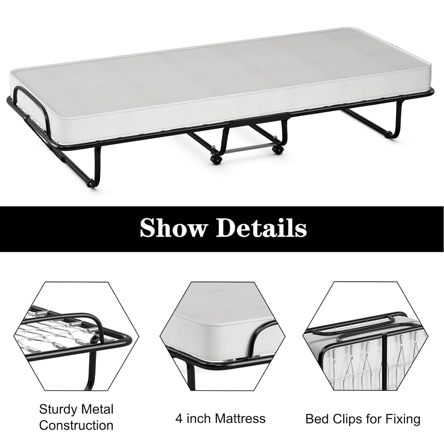 Hysache Rollaway Folding Bed with 4" Memory Foam Mattress, Portable Foldable Guest Bed for Spare Room & Office, 4 Casters, Metal Frame, Portable & Lightweight Compact Rolling Cot, 75" x 31"