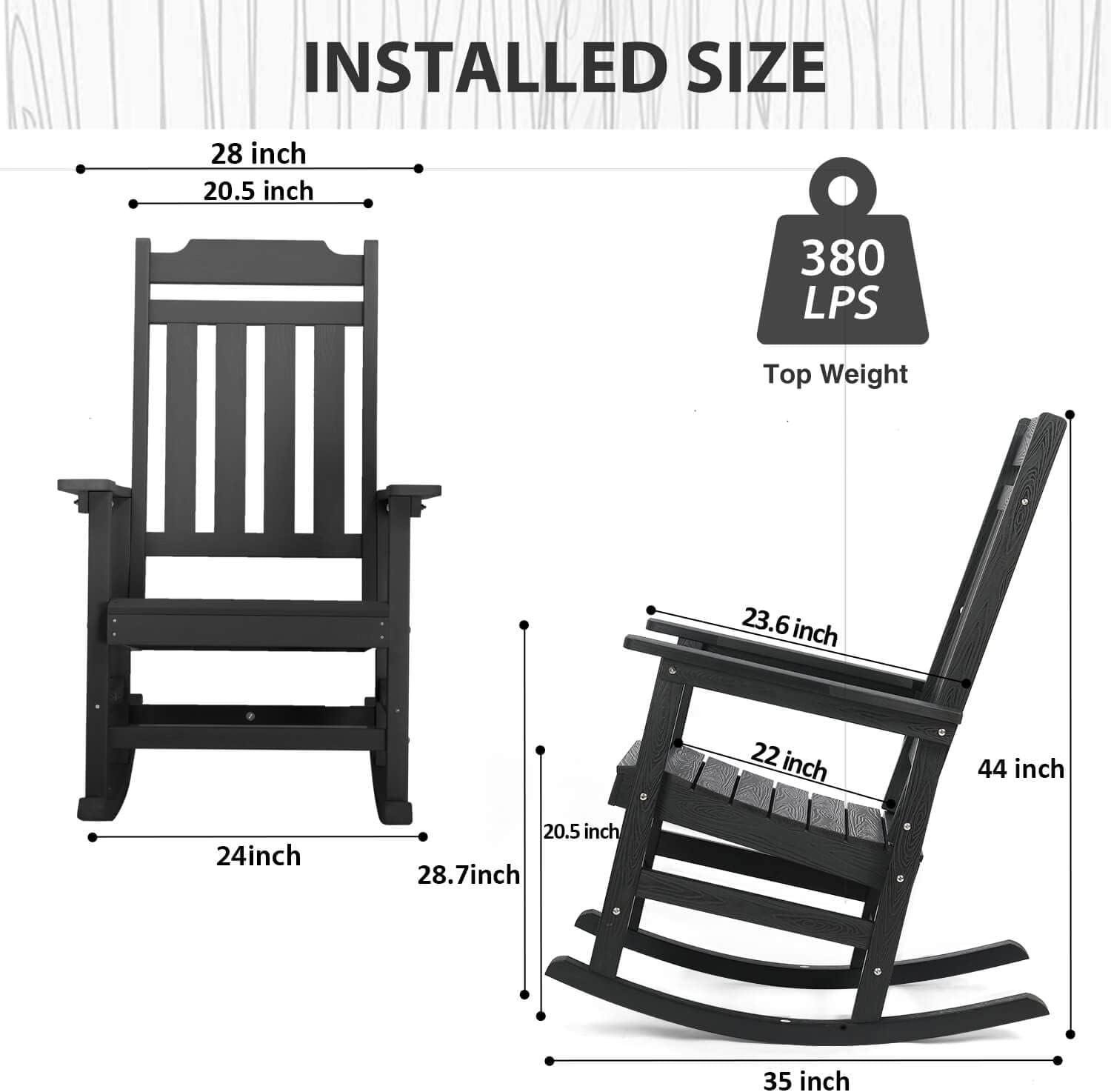 All-Weather Patio Rocking Chair with 400 lbs Weight Capacity, Oversized Porch Rocker Chair, for Backyard, , Lawn, Garden, Outdoor and Indoor, Black