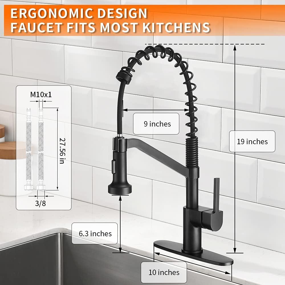 Wilmall Kitchen Faucet with Pull Down Sprayer & Deck Plate, Stainless Steel Commercial Single-Handle Spring Sink Faucet for Laundry, RV, Wet Bar, Farmhouse - Matte Black