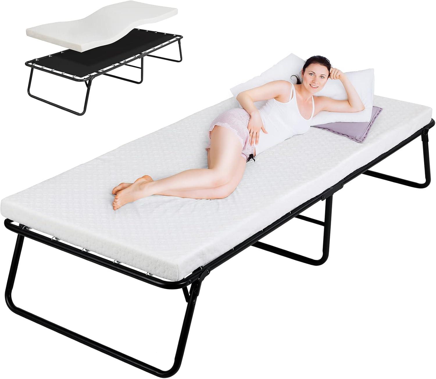 Foldable Black Metal Frame Rollaway Bed with Memory Foam Mattress