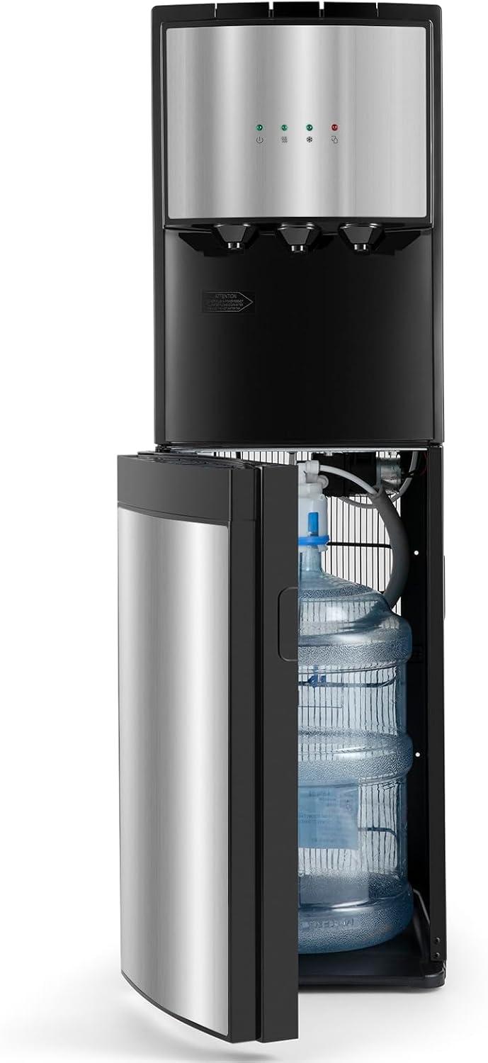 Black and Stainless Steel Bottom Loading Water Dispenser with Child Safety Lock