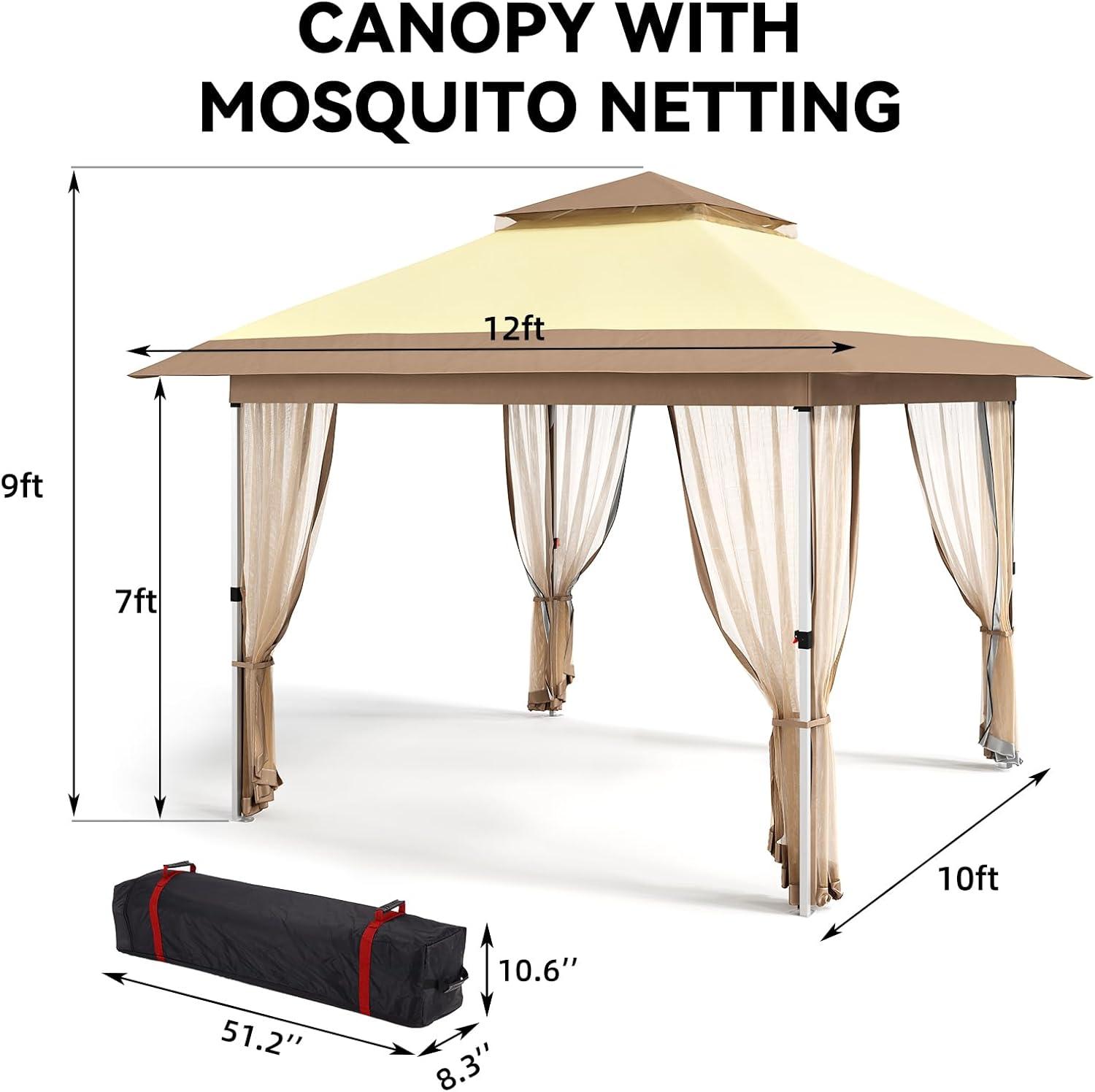 Yuan Home 12'X12' Outdoor Pop-Up Gazebo Canopy Tent With Curtains, Mosquito Netting, 2-Tiered Vented Top, 144 Sq. Ft. Shelter For Patio & Backyard Parties