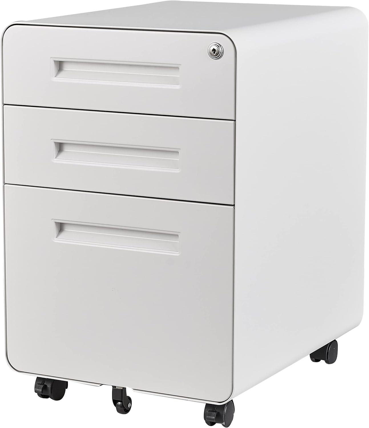 3 Drawer File Cabinet with Lock,Under Desk File Cabinet,White Rolling File Cabinet,Three Drawer Filing Cabinet for Home Office with Wheels,Fit A4/Letter/Legal File,Fully Assembled Except Casters