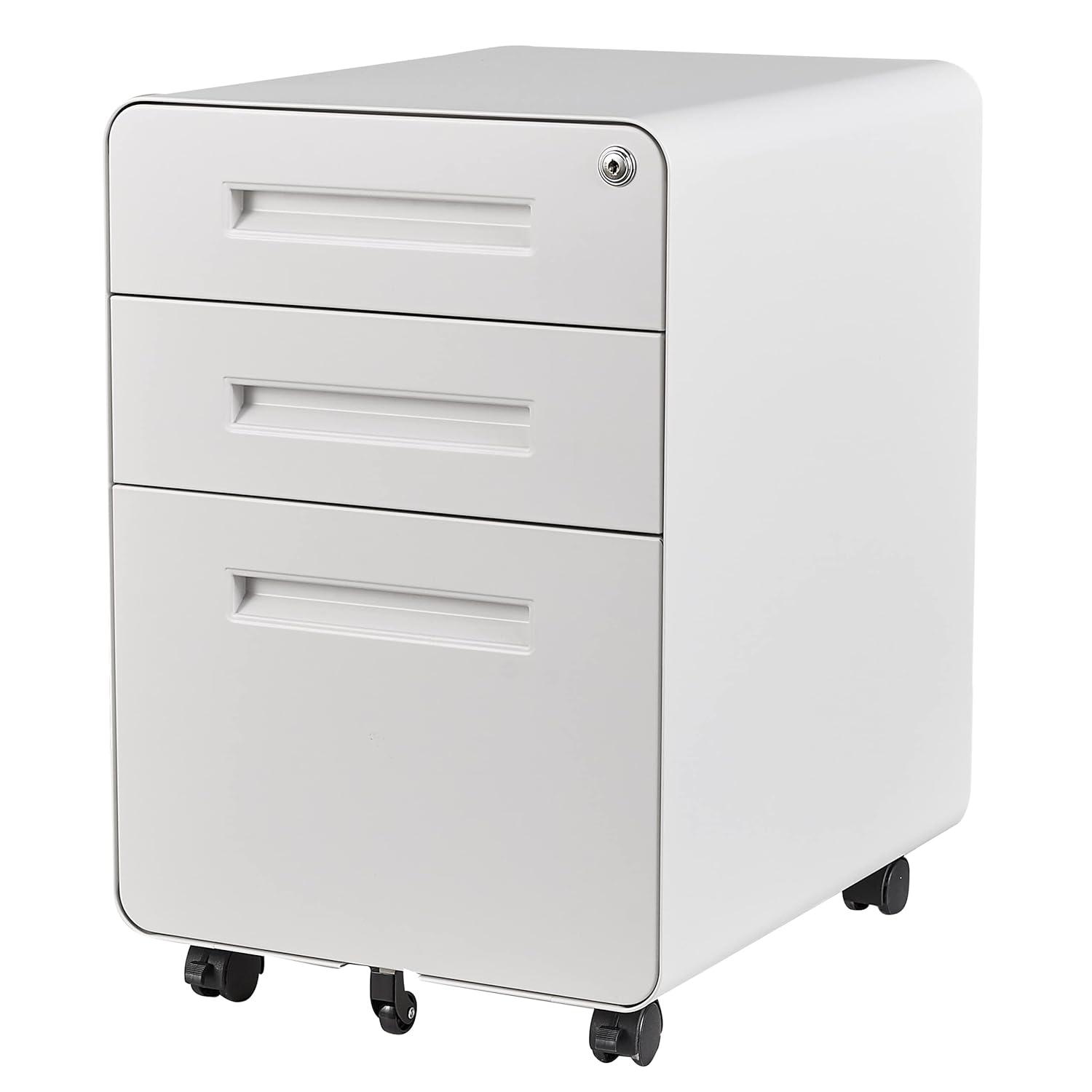 3 Drawer File Cabinet with Lock,Under Desk File Cabinet,White Rolling File Cabinet,Three Drawer Filing Cabinet for Home Office with Wheels,Fit A4/Letter/Legal File,Fully Assembled Except Casters