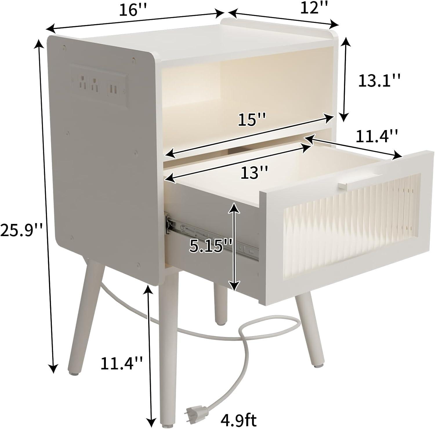 Mid Century Modern Nightstand with Charging Station, Bedside Tables with Glass Drawer, End Table Side Table with 2 Tiers Storage Space, for Bedroom, Living Room, White